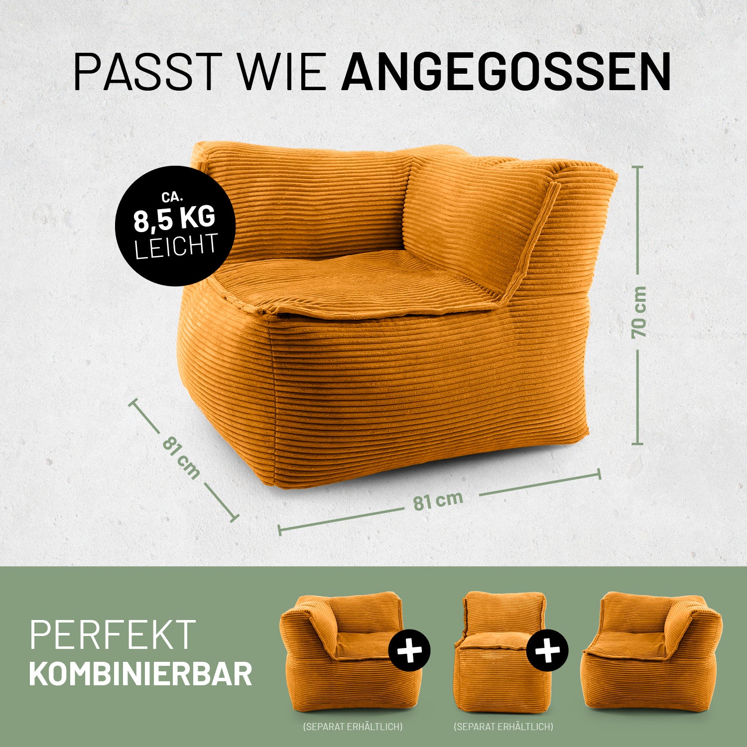 Modulares Eckteil rechts aus der LUMALAND Cord-Reihe - 340 L - 81x81x70 cm - Senfgelb, leichter, kombinierbarer Sitzsack aus Cordstoff