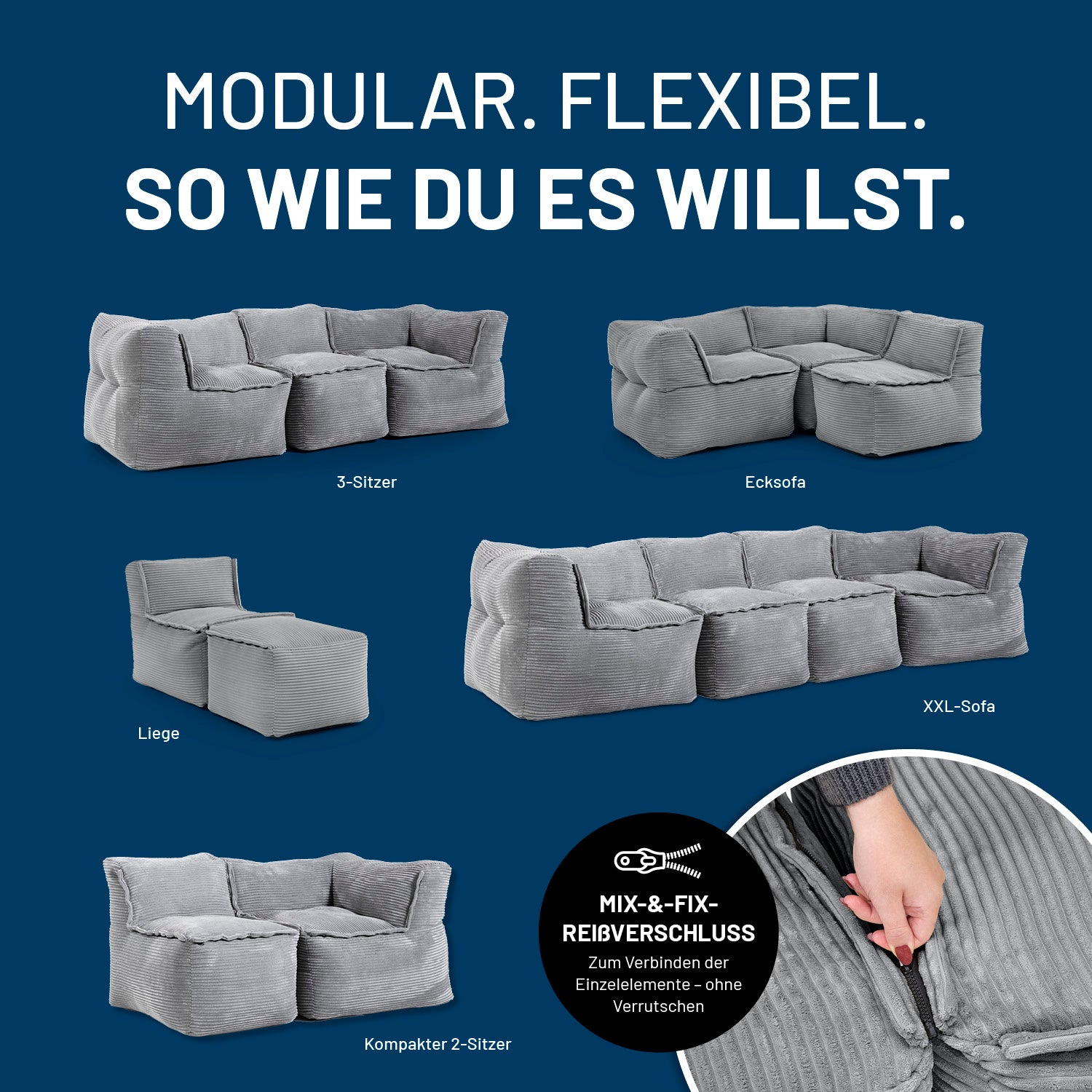 Modulare Mitte aus der LUMALAND Cord-Reihe 200 L Grau mit verschiedenen Sitzmöbelvarianten und Mix-&-Fix-Reißverschluss zeigt.