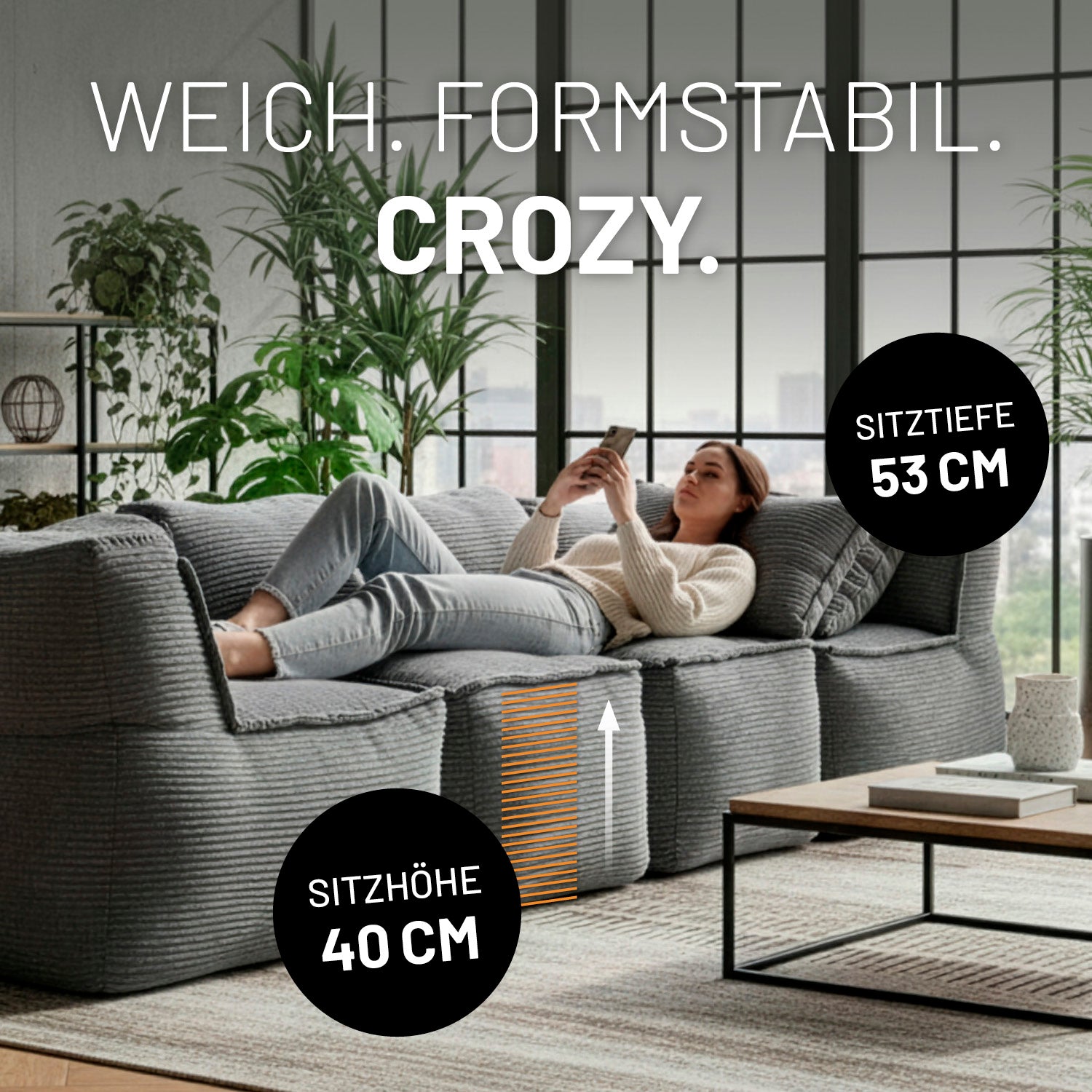 Modulare Mitte aus der LUMALAND Cord-Reihe 200 L Grau mit 40 cm Sitzhöhe und 53 cm Sitztiefe, gemütliches und formstabiles Sitzmöbel
