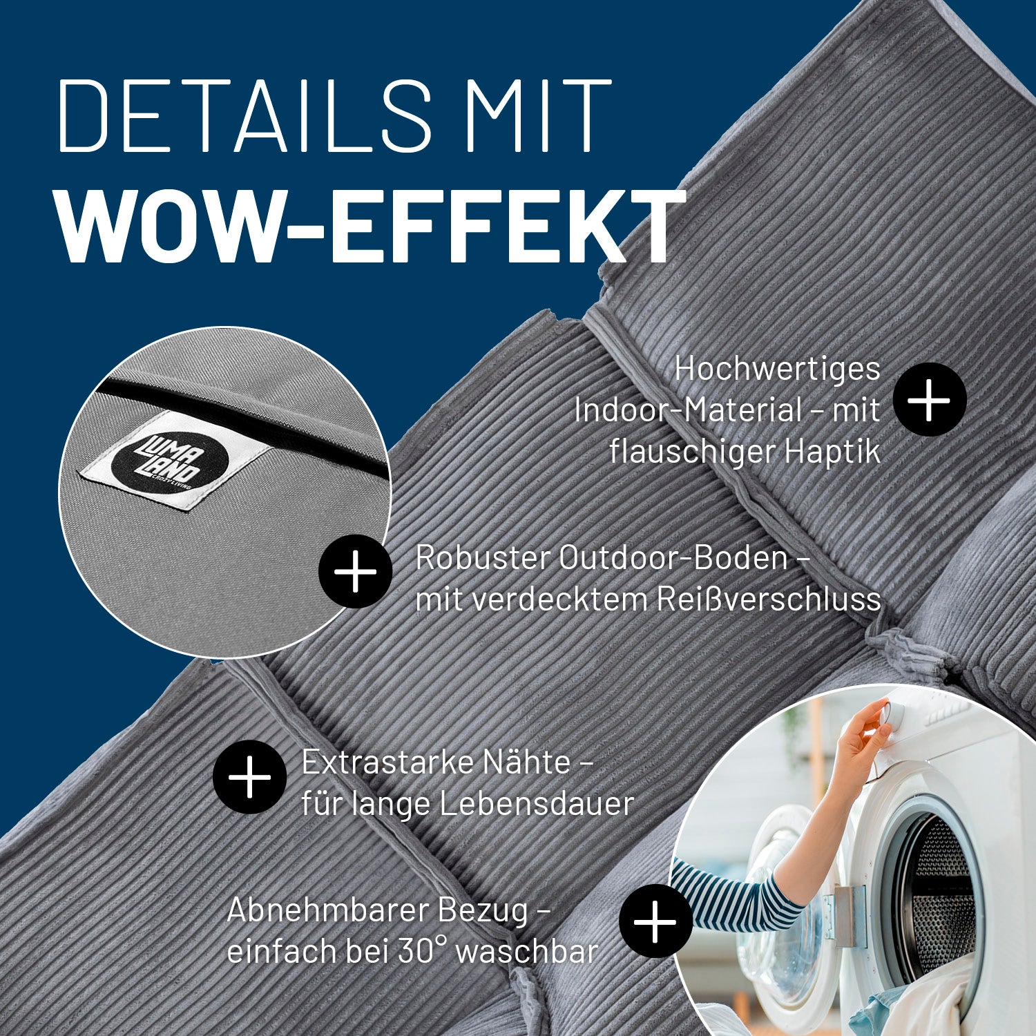 Modulare Mitte aus der LUMALAND Cord-Reihe - 200 L - 81 x 54 x 70 cm - Grau mit hochwertigen, waschbaren Materialien und robustem Outdoor-Boden.