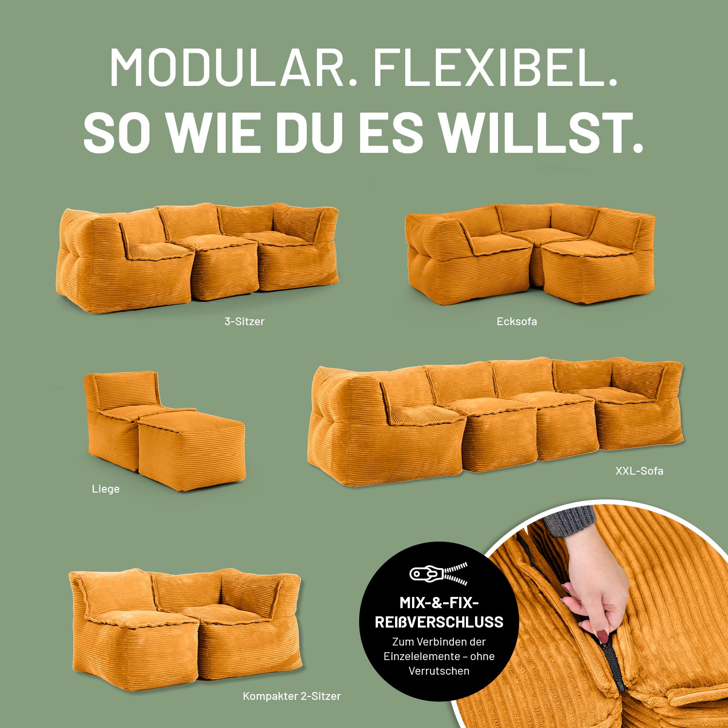 Modulare Mitte aus der LUMALAND Cord-Reihe 200 L Senfgelb als flexibel kombinierbarer Sitzsack mit Mix-und-Fix-Reißverschluss.