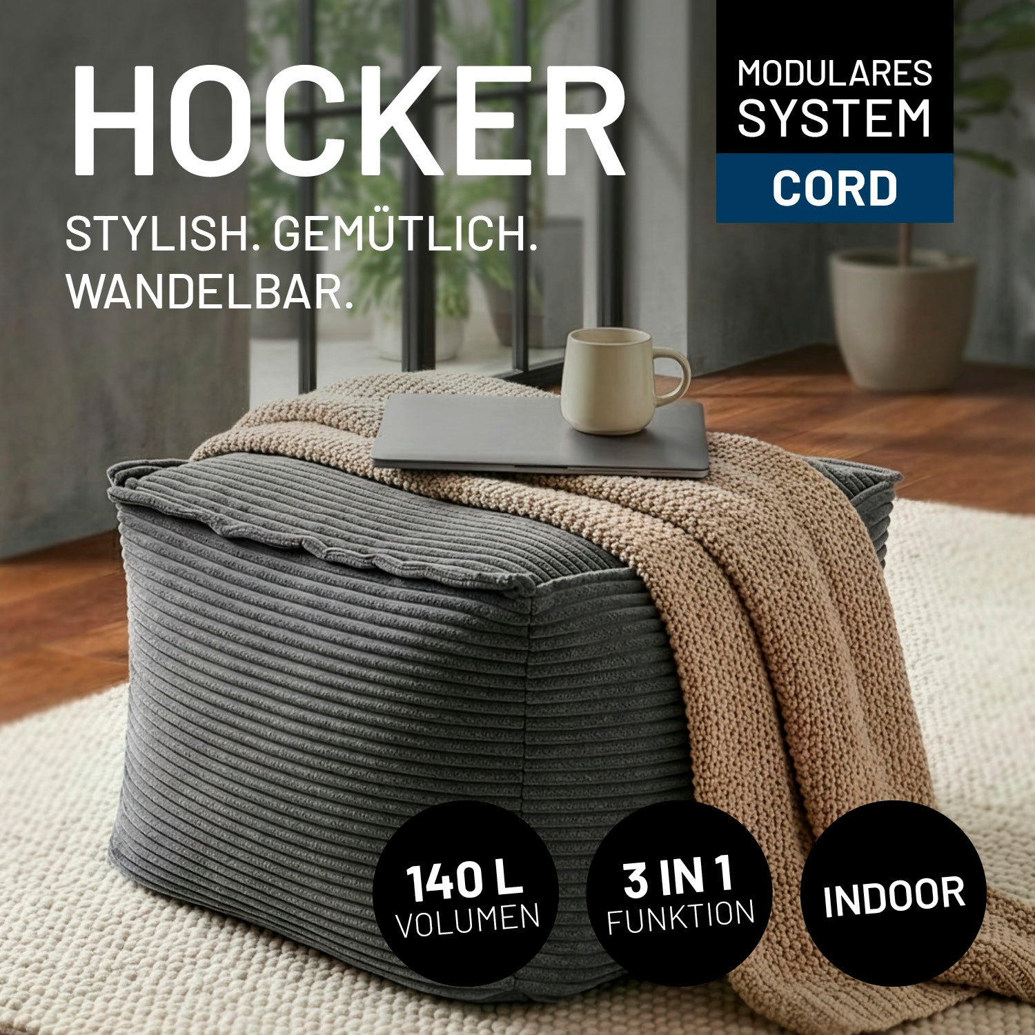 Modularer Hocker aus der LUMALAND Cord-Reihe - 140 L - 54 x 54 x 40 cm - Grau mit weichem Cordbezug und 3-in-1 Funktion innenbereich