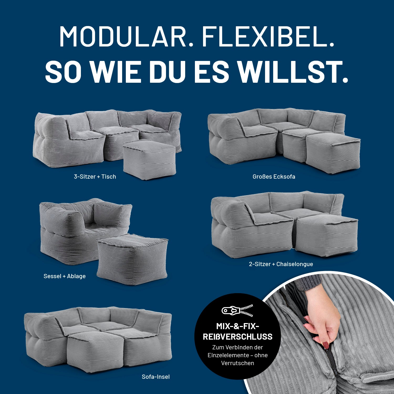 Modularer Hocker aus der LUMALAND Cord-Reihe - 140 L - 54 x 54 x 40 cm - Grau in verschiedenen flexiblen Sitzkombinationen dargestellt.