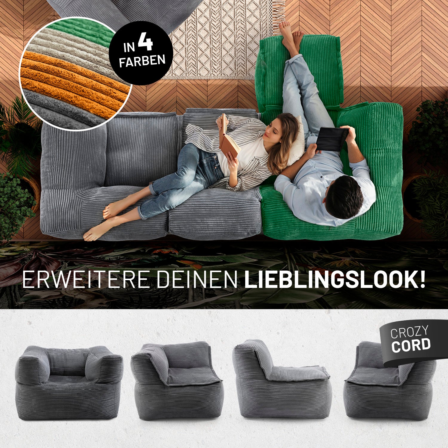 Modularer Hocker aus der LUMALAND Cord-Reihe - 140 L - 54 x 54 x 40 cm - Grau als gemütliches Sitzmöbel in verschiedenen Farben und Kombinationen.