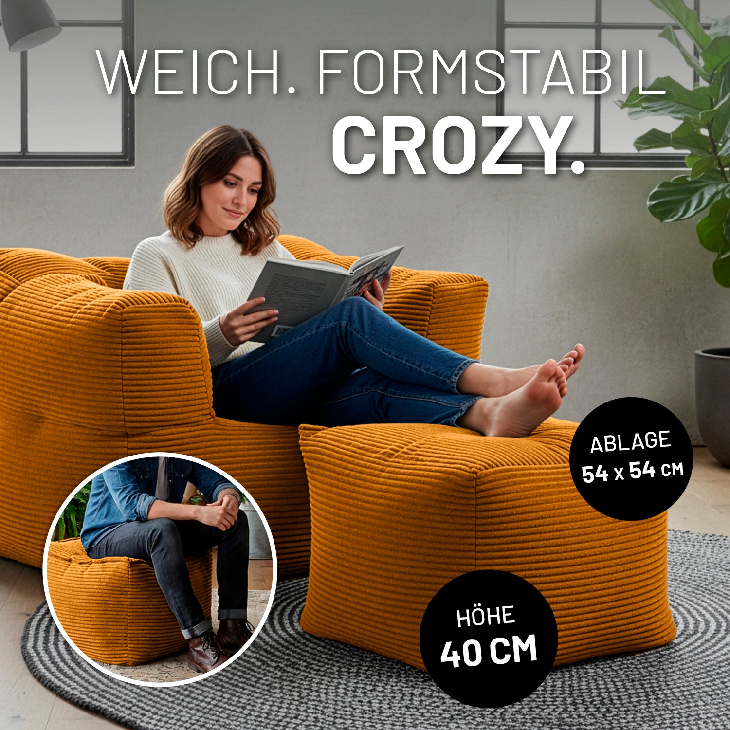 Modularer Hocker aus der LUMALAND Cord-Reihe - 140 L - 54 x 54 x 40 cm - Senfgelb aus weichem, formstabilem Kuschelcord mit Ablagefläche.