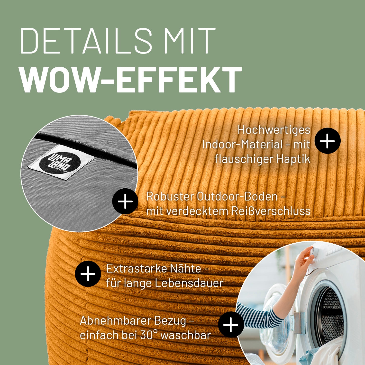 Modularer Hocker aus der LUMALAND Cord-Reihe - 140 L - 54 x 54 x 40 cm - Senfgelb mit robustem Outdoor-Boden und abnehmbarem Bezug