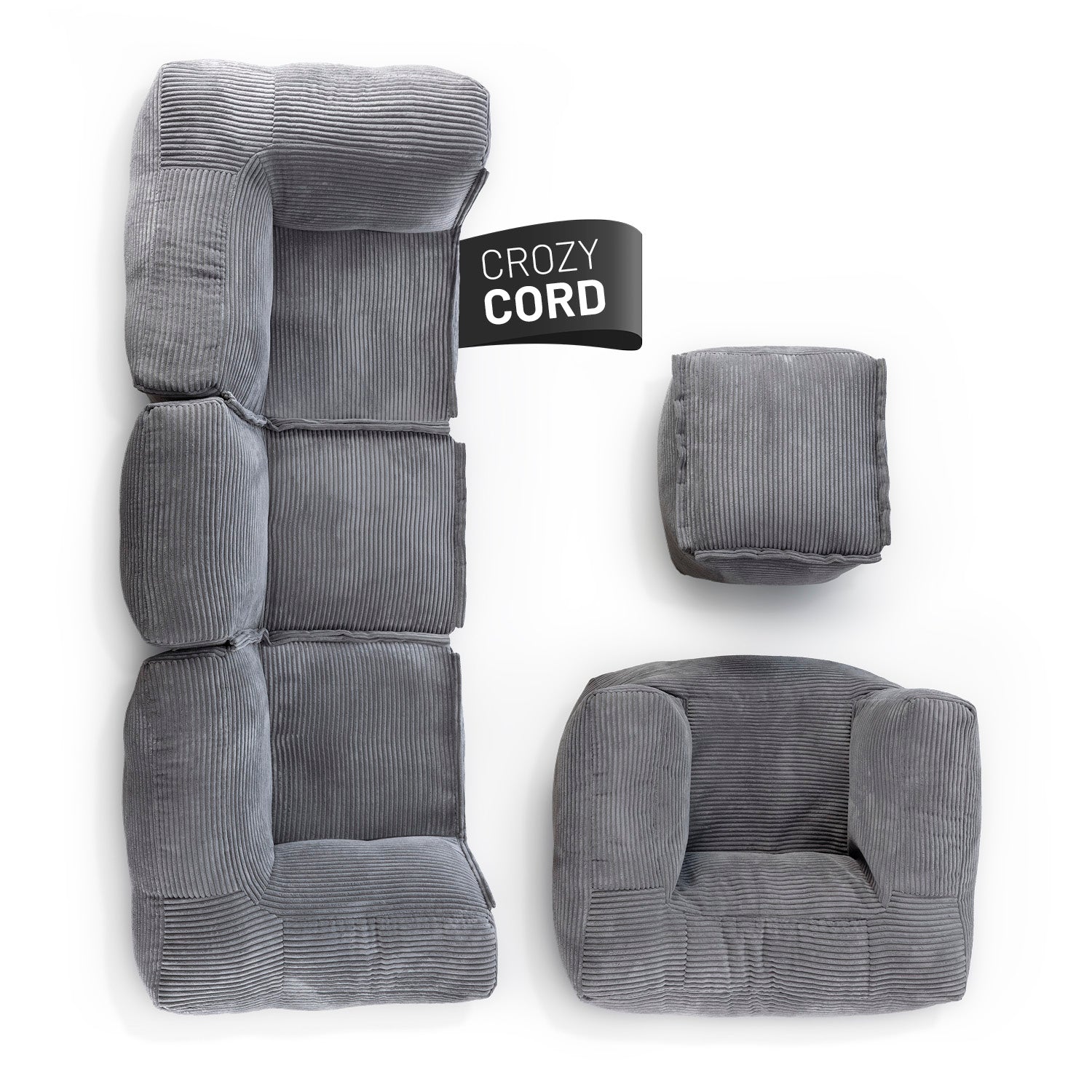 Modulares Basic-Set aus der LUMALAND Cord-Reihe - 5-tlg. - Grau, flexibles Cord-Sofa- und Sessel-Set für Innenräume.