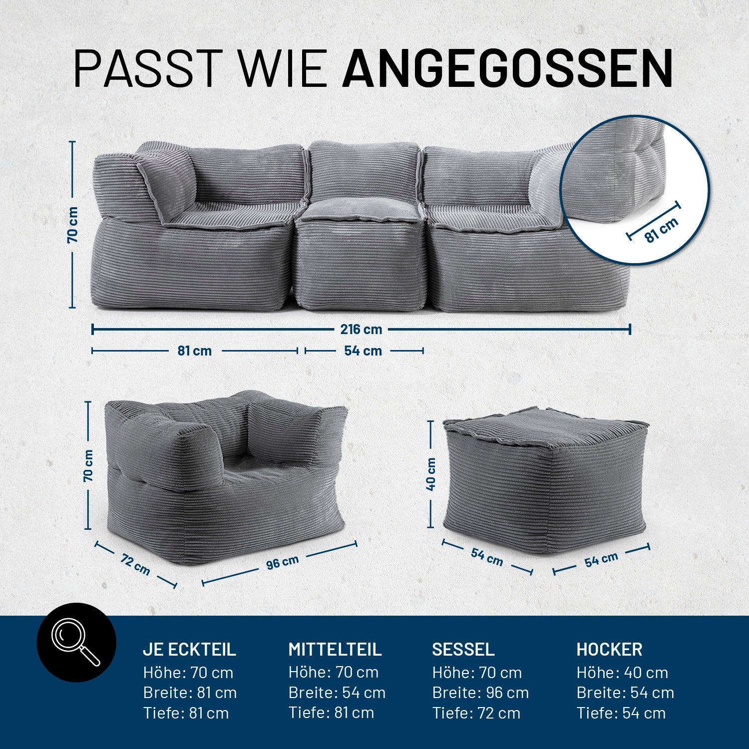 Modulares Basic-Set aus der LUMALAND Cord-Reihe - 5-tlg. - Grau mit Maßen von Sofa, Sessel und Hocker für flexible Raumgestaltung.