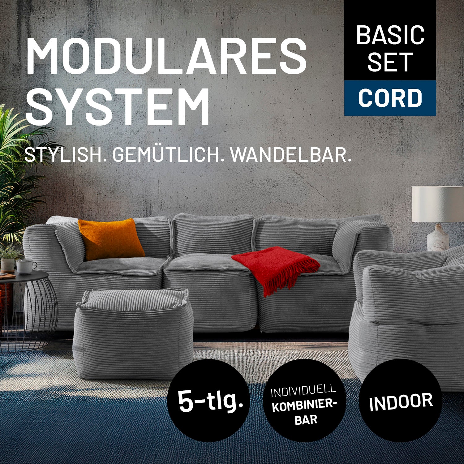 Modernes Wohnzimmer mit grauem Modulares Basic-Set aus der LUMALAND Cord-Reihe - 5-tlg. - Grau, gemütlich und wandelbar gestaltet