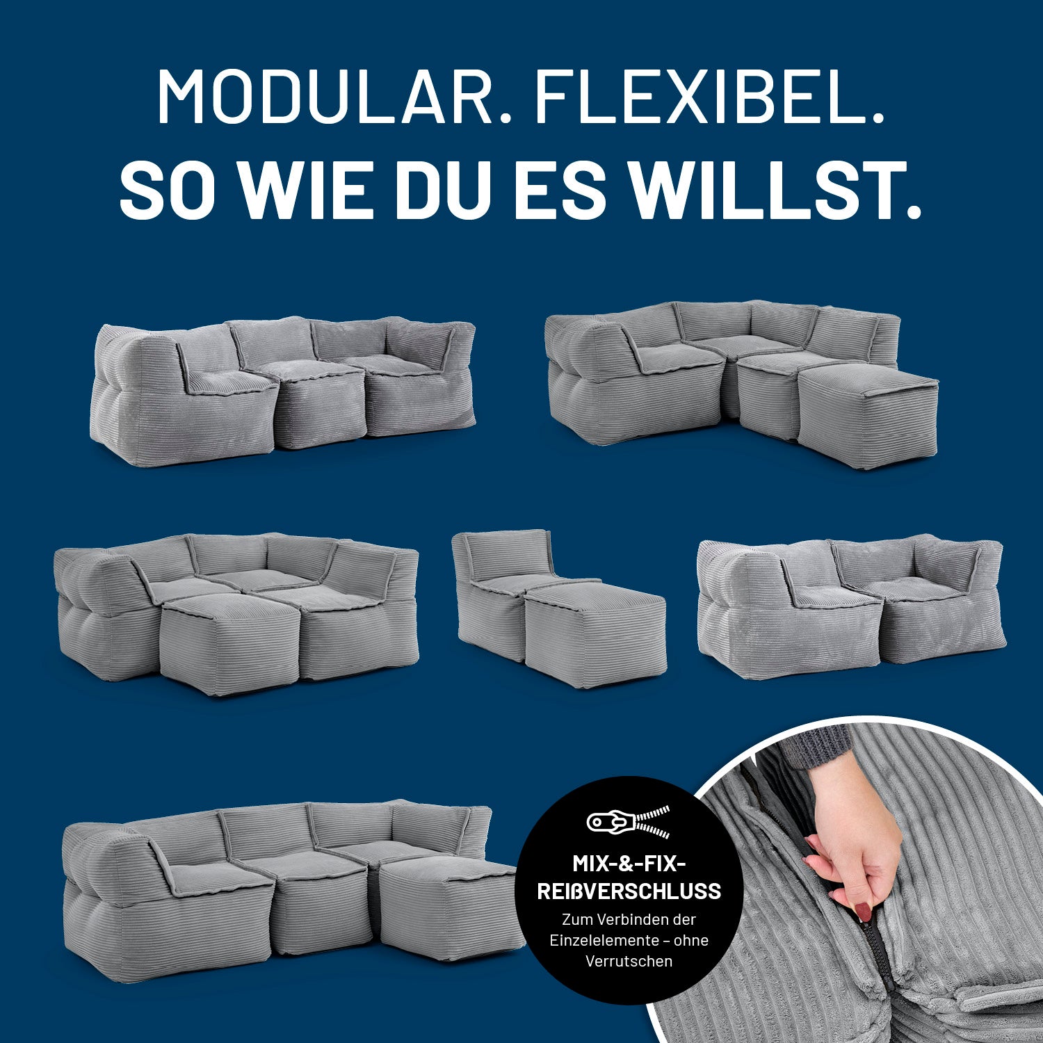 Modulares Basic-Set aus der LUMALAND Cord-Reihe - 5-tlg. - Grau, flexibles Sitzsystem mit Mix-&-Fix Reißverschluss für individuelle Kombinationen.