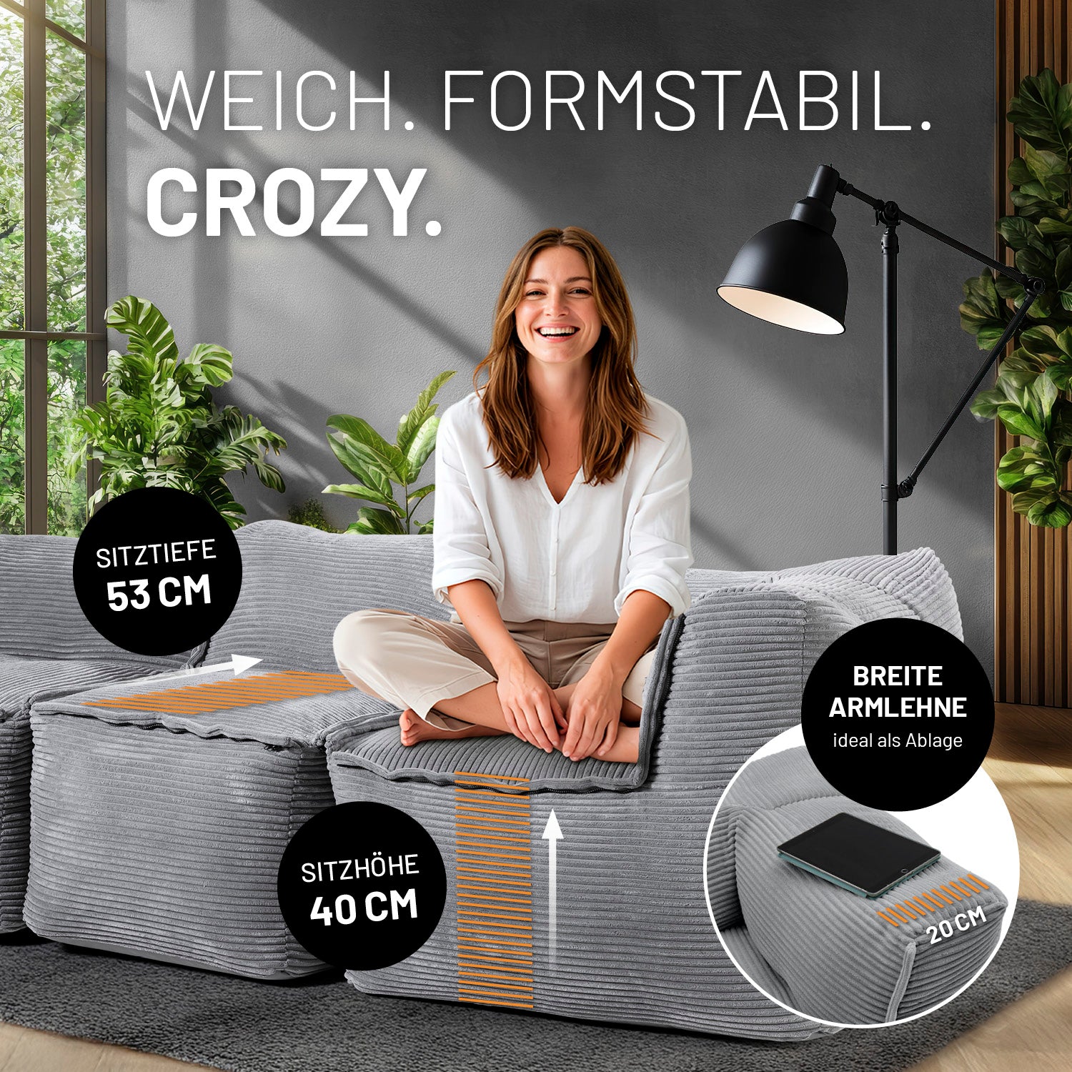 Modulares Basic-Set aus der LUMALAND Cord-Reihe - 5-tlg. - Grau, gemütliches Sitzsacksofa mit breiter Armlehne und 40 cm Sitzhöhe.