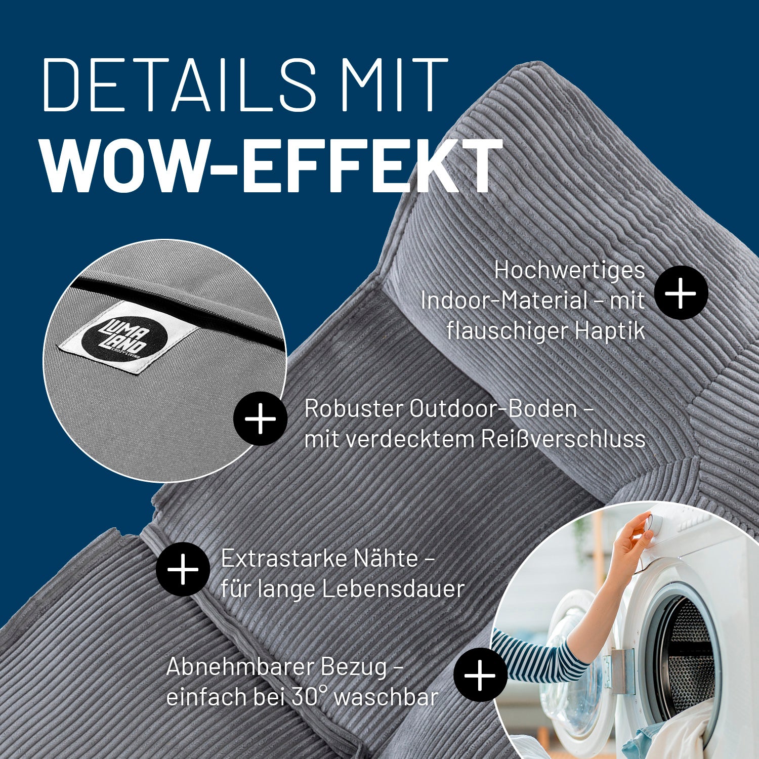 Modulares Basic-Set aus der LUMALAND Cord-Reihe - 5-tlg. - Grau mit robustem Outdoor-Boden und abnehmbarem Bezug bei 30° waschbar
