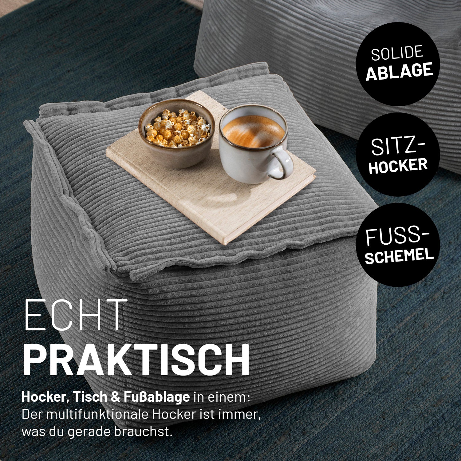 Modulares Basic-Set aus der LUMALAND Cord-Reihe - 5-tlg. - Grau, vielseitiger Sitzhocker mit stabiler Ablage und Fußschemelfunktion