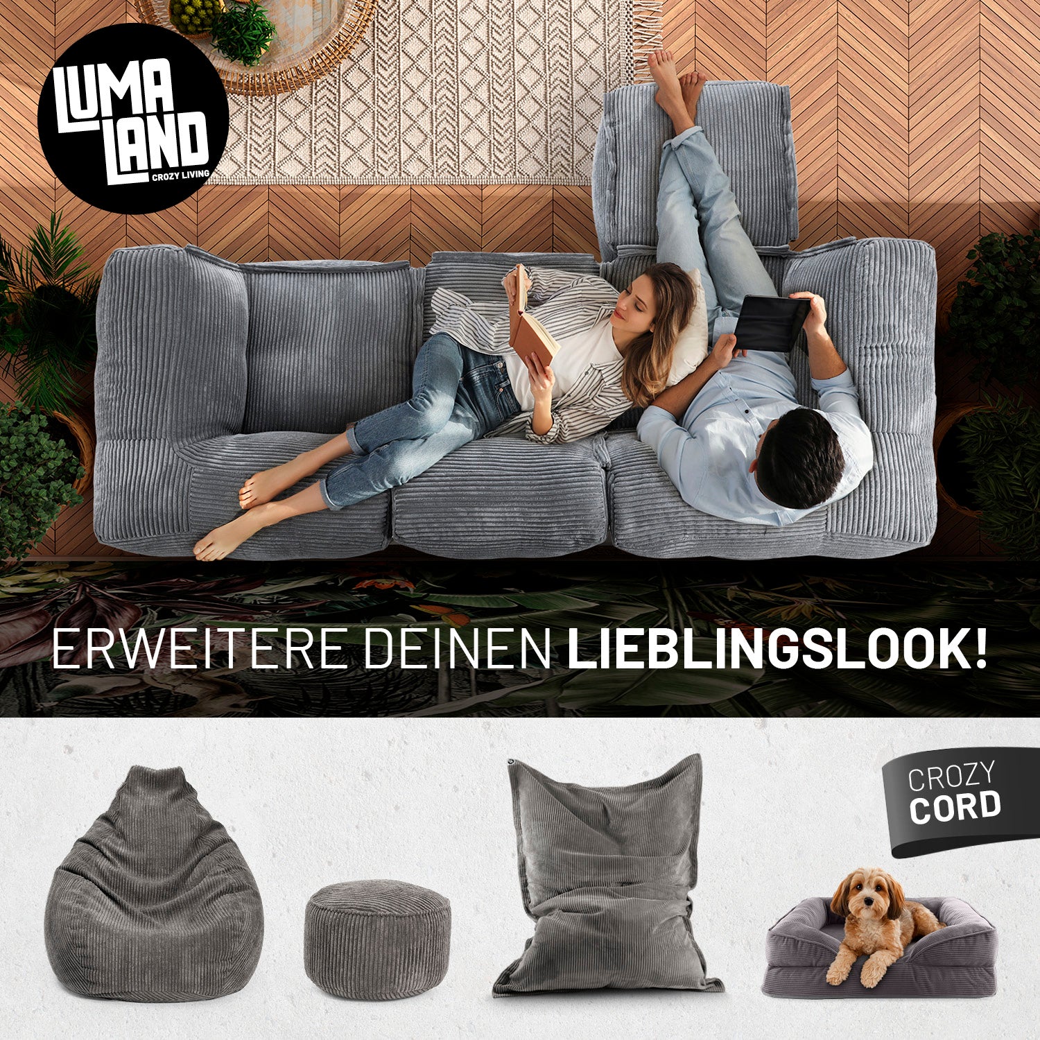 Modulares Basic-Set aus der LUMALAND Cord-Reihe - 5-tlg. - Grau mit Sofa, Sessel und Hocker aus weichem Cordstoff