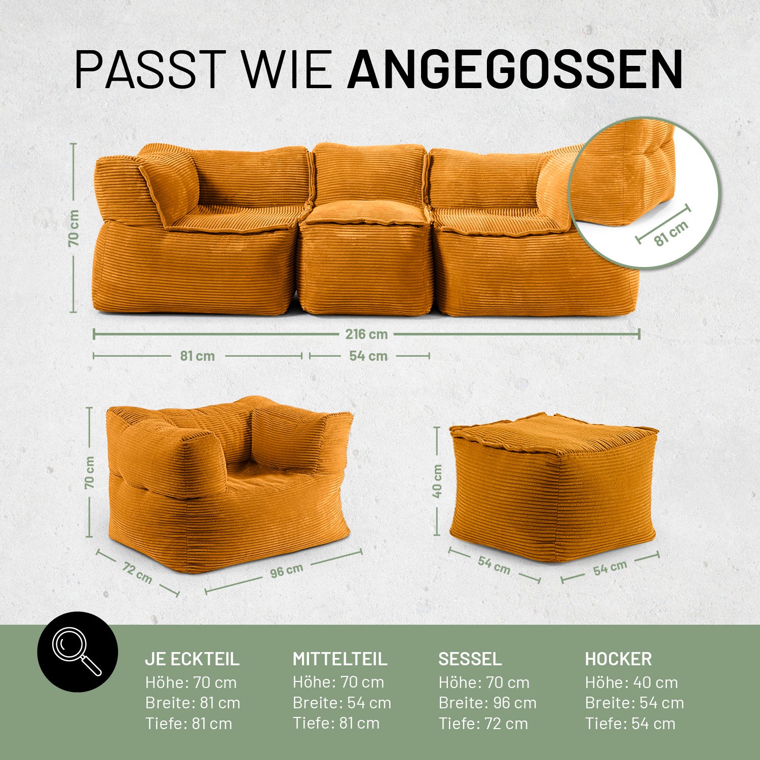 Modulares Basic-Set aus der LUMALAND Cord-Reihe - 5-tlg. - Senfgelb mit Maßen für Eckteil, Mittelteil, Sessel und Hocker