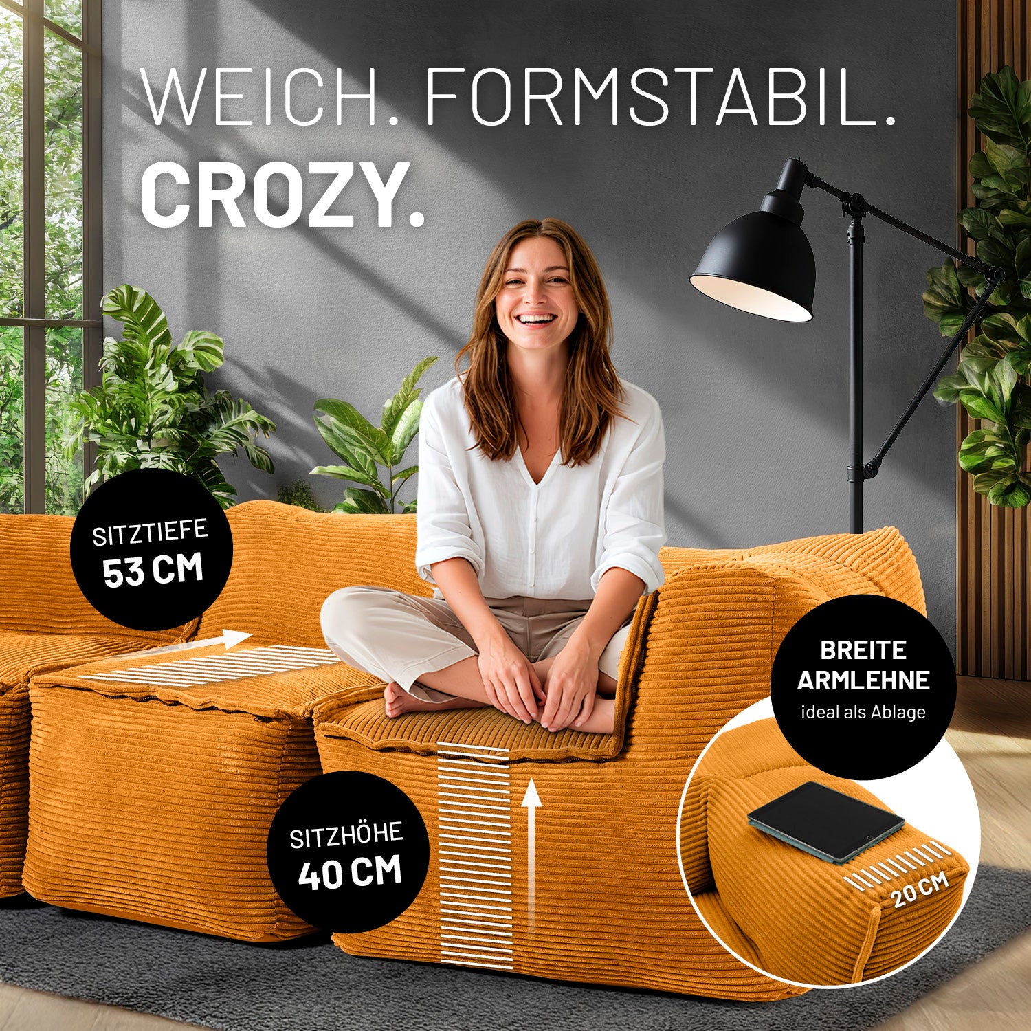 Modulares Basic-Set aus der LUMALAND Cord-Reihe - 5-tlg. - Senfgelb mit hoher Sitzhöhe und breiter Armlehne für individuellen Komfort.