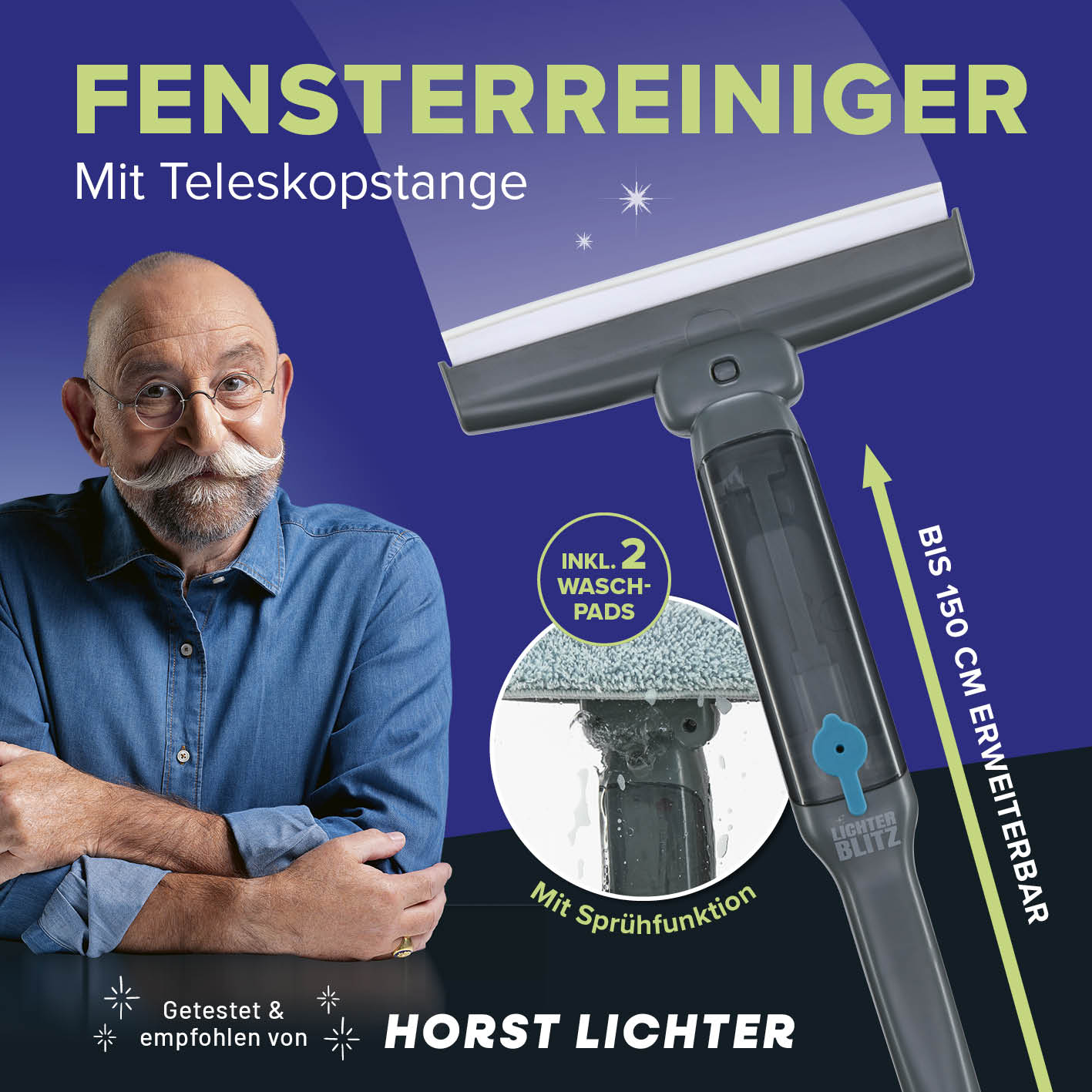 Fensterreiniger 3-in-1 mit Teleskopstange, Sprühfunktion und zwei Waschpads für schnelles und einfaches Reinigen ohne Nachwischen.