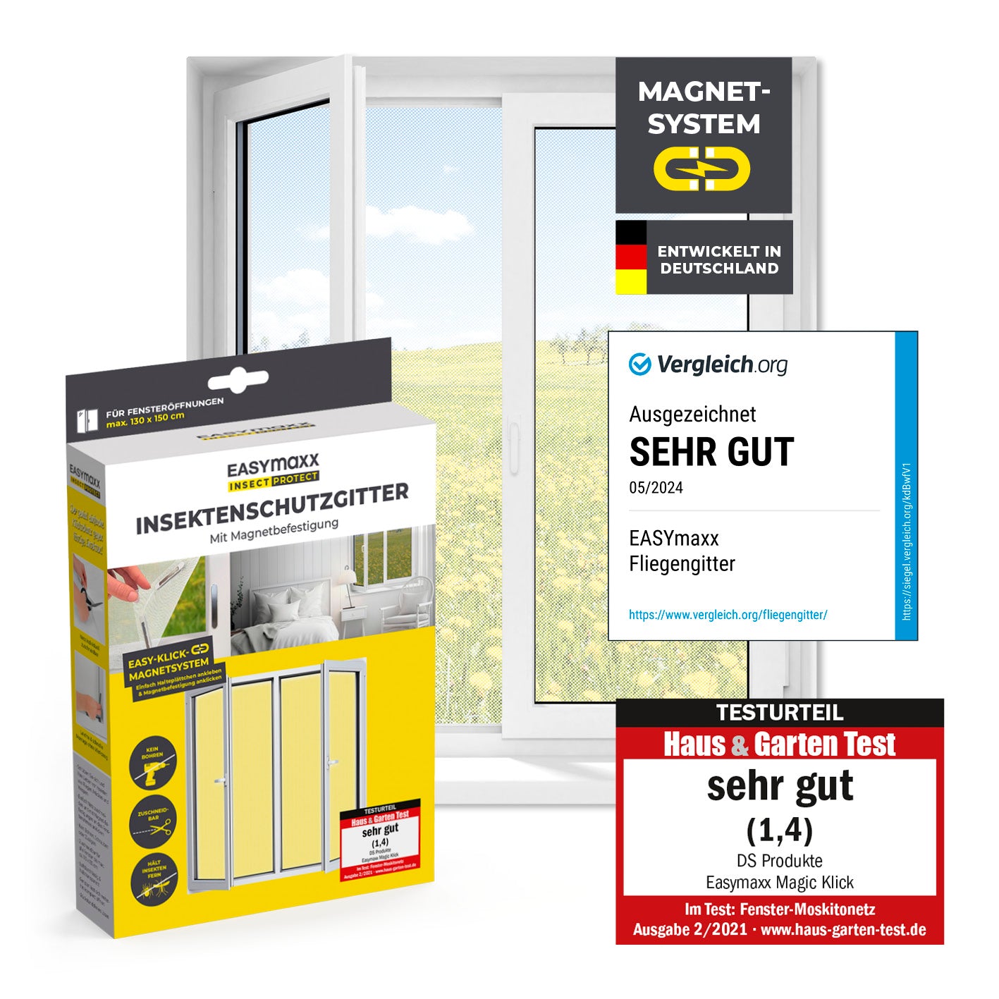 Insektenschutzgitter mit Magnetbefestigung - 110 x 130 cm - Weiß, einfach montierbares Fliegennetz für Fenster ohne Bohren.