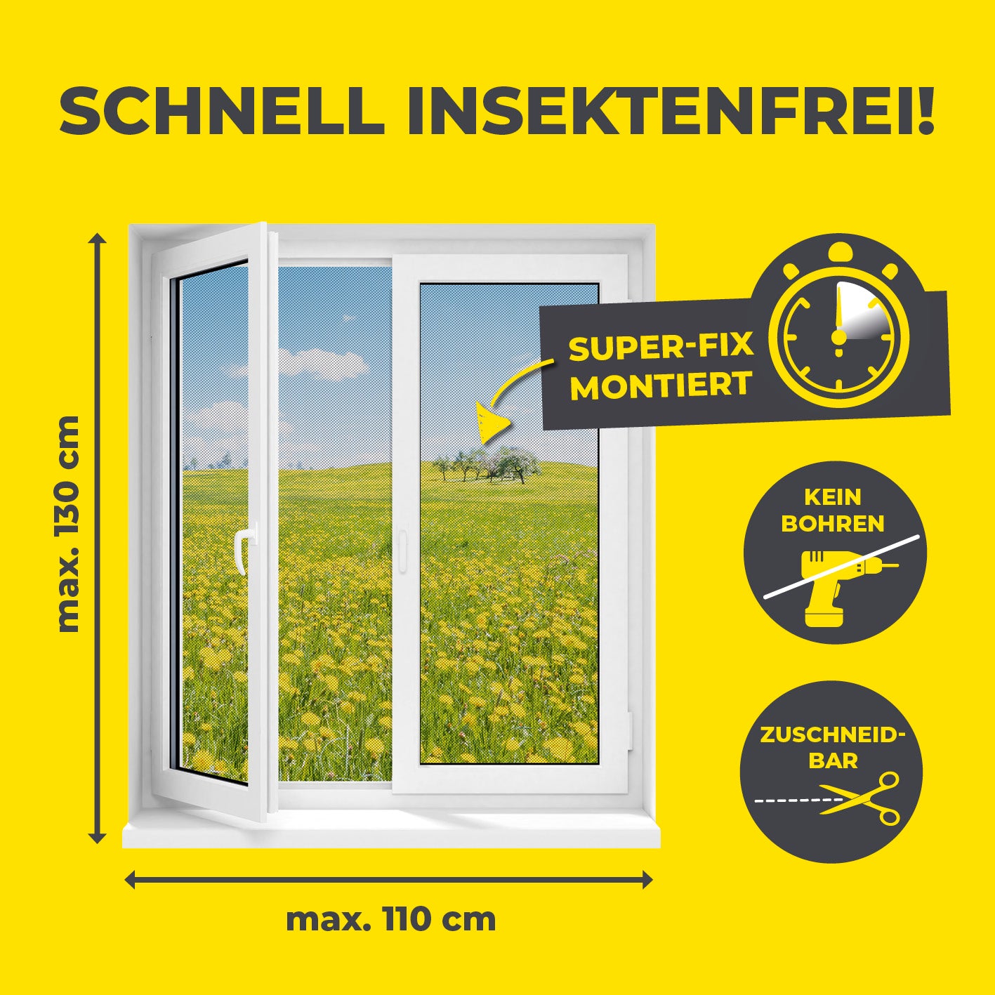 Insektenschutzgitter mit Magnetbefestigung - 110 x 130 cm - Schwarz