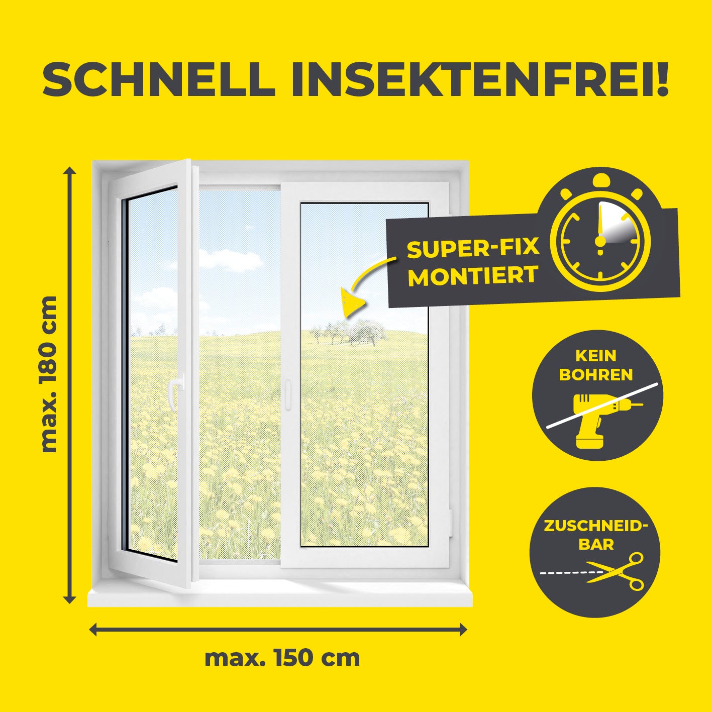 Insektenschutzgitter mit Magnetbefestigung - 150 x 180 cm - Weiß, einfach montierbar, zuschneidbar, ohne Bohren, schnell insektenschutz fürs Fenster.