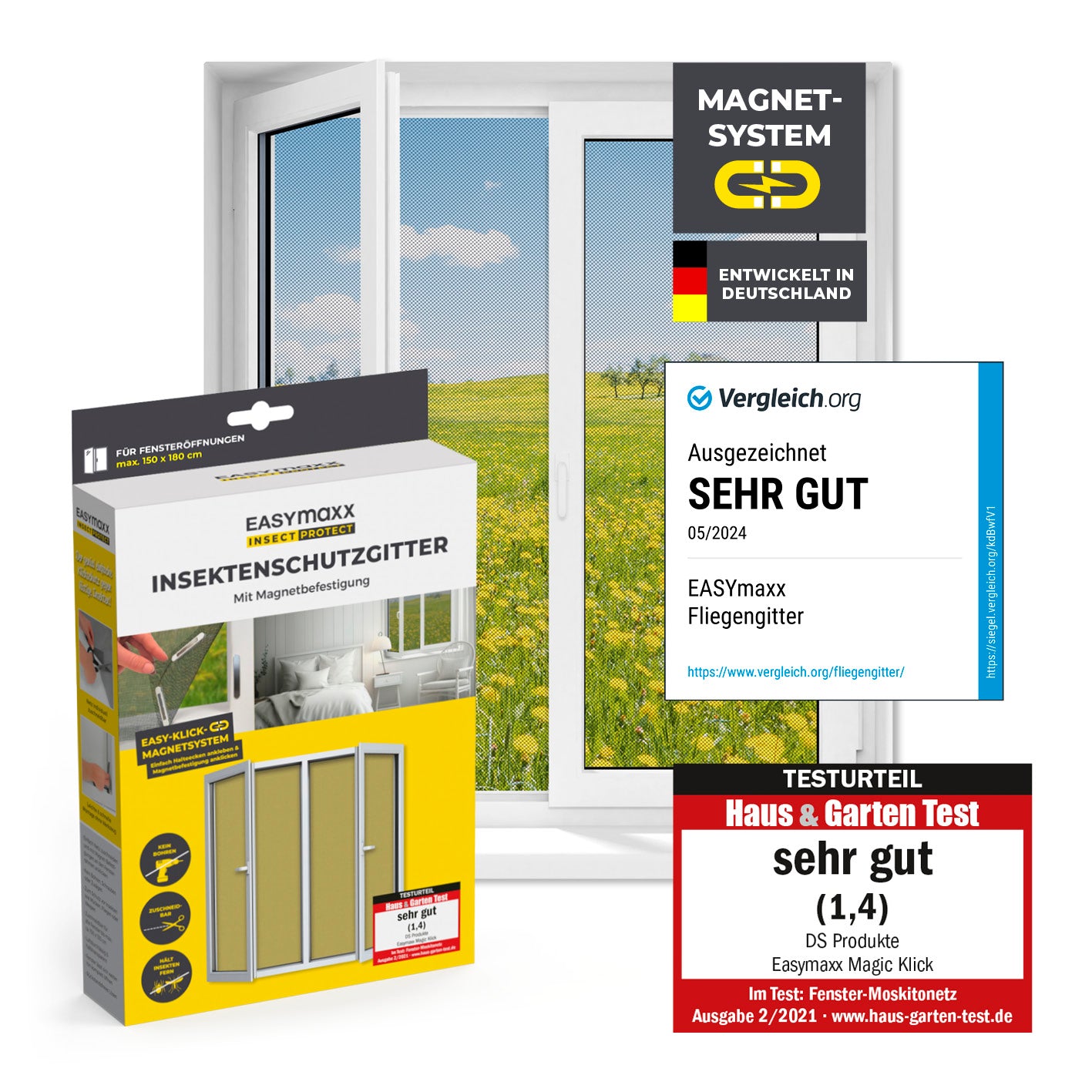 Insektenschutzgitter mit Magnetbefestigung - 150 x 180 cm - Schwarz, einfach montierbar, schützt Fenster zuverlässig vor Insekten.