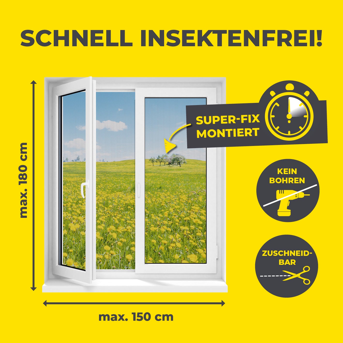 Insektenschutzgitter mit Magnetbefestigung - 150 x 180 cm - Schwarz, einfach montierbar ohne Bohren, zuschneidbar, zuverlässig gegen Insekten.