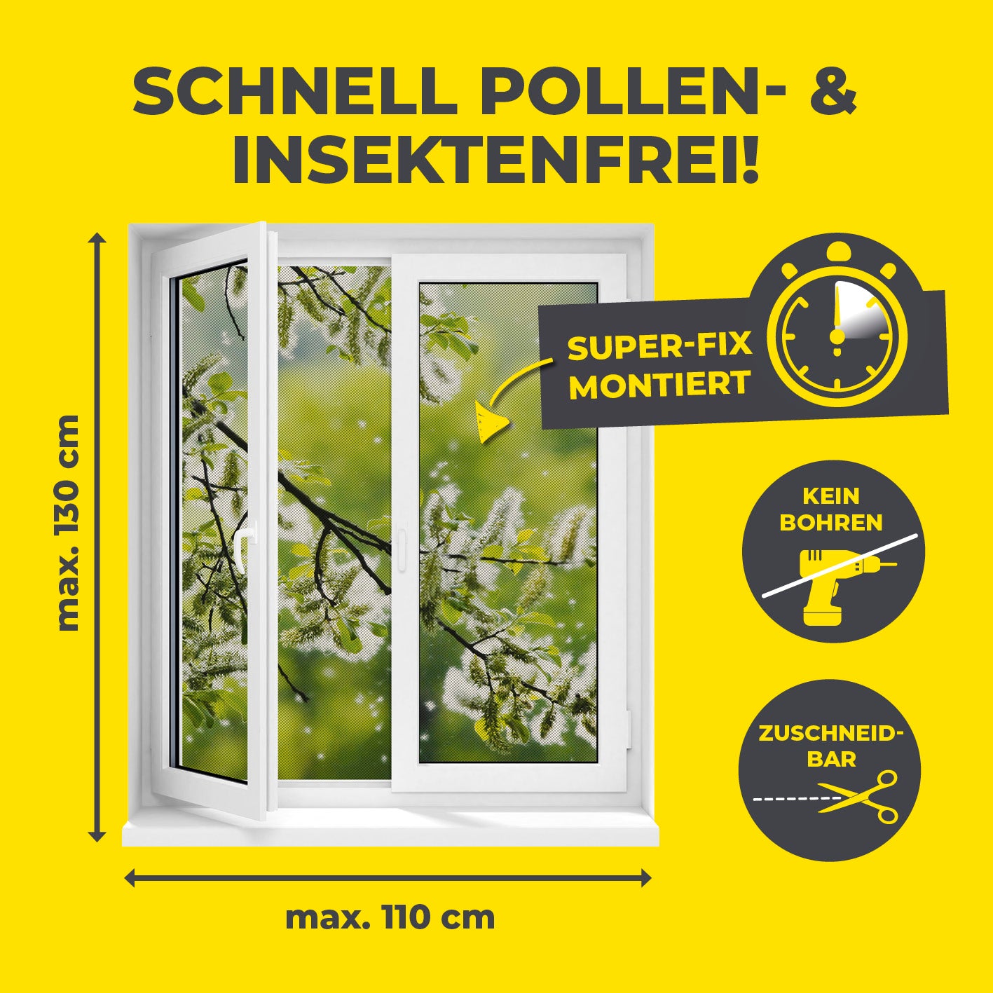 Insekten- & Pollenschutzgitter mit Magnetbefestigung 110x130 cm schwarz, zuschneidbar, ohne Bohren, schnell montiert, schützt zuverlässig.