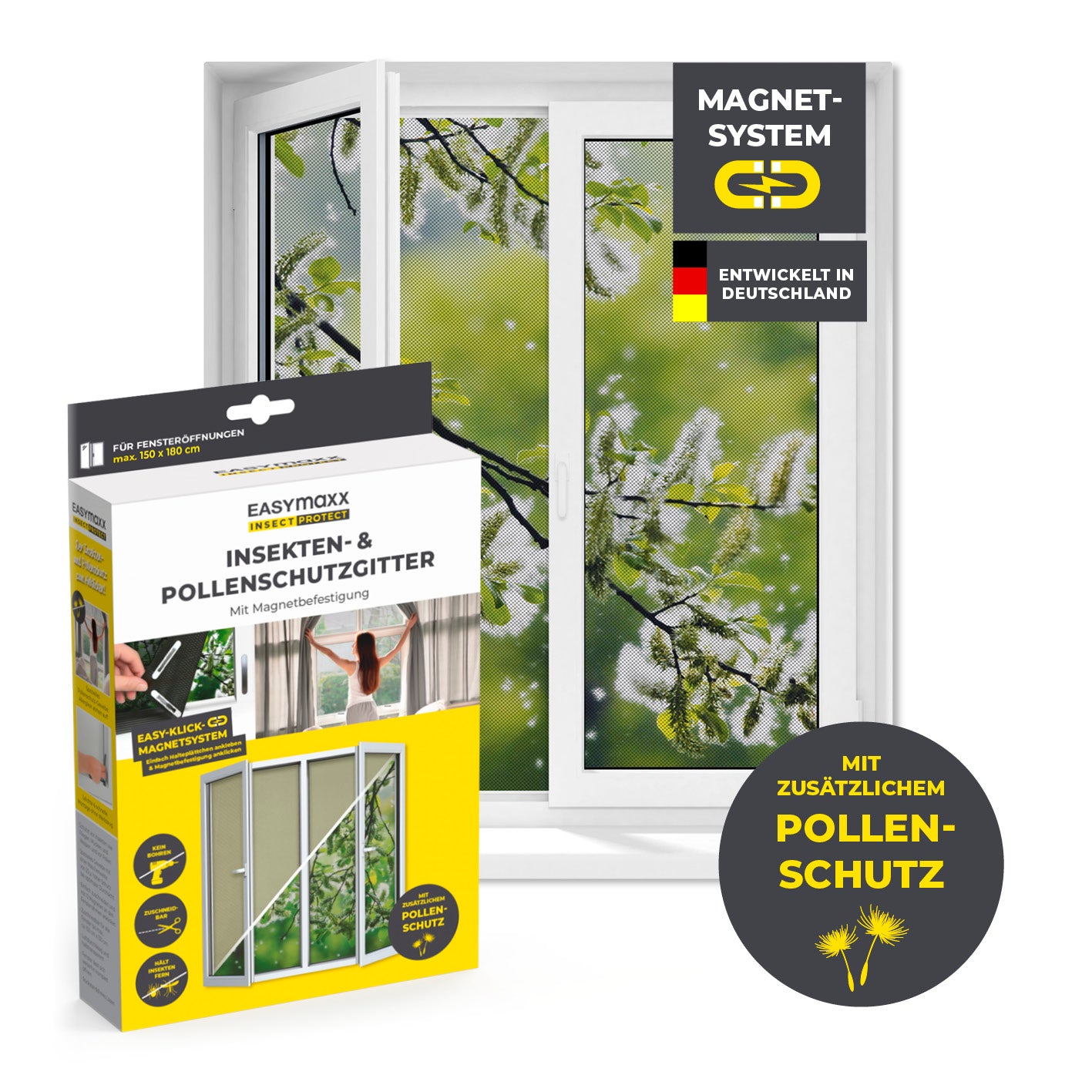 Insekten- & Pollenschutzgitter mit Magnetbefestigung - 150 x 180 cm - Schwarz, schützt Fenster vor Insekten und Pollen, einfache Montage.