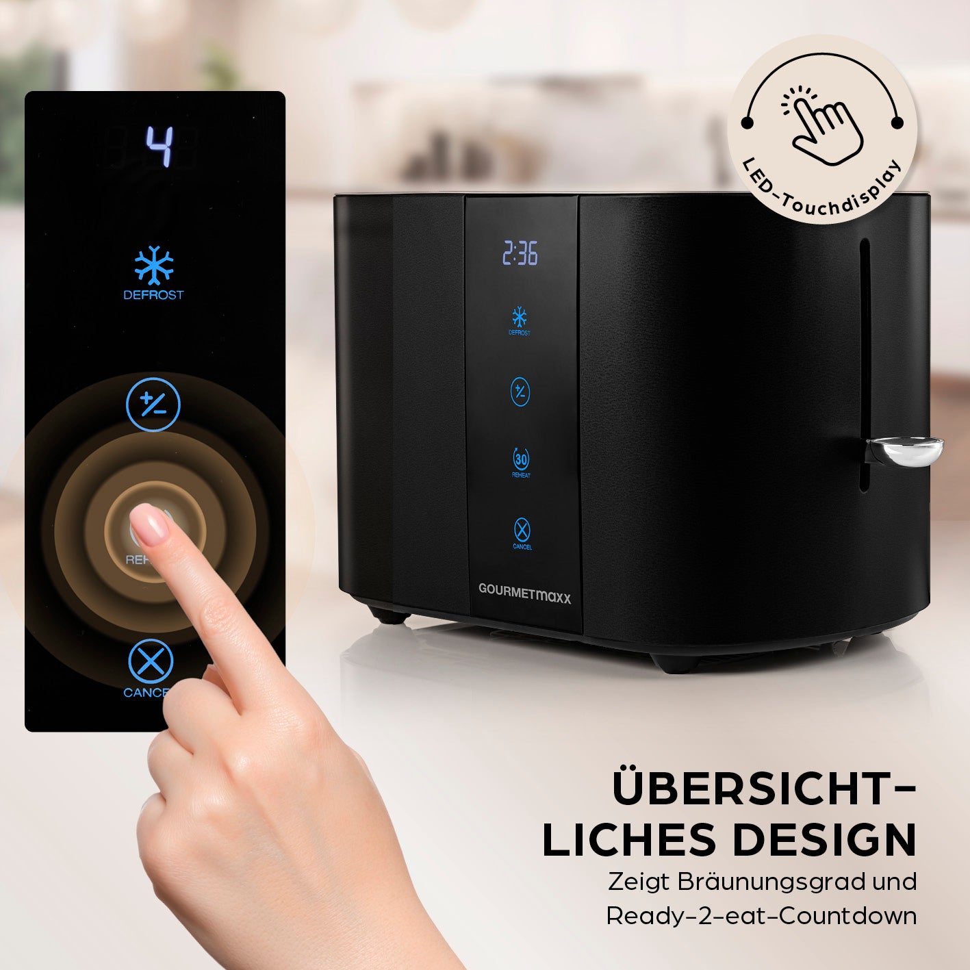 Toaster - Schwarz mit modernem Design, LED-Touchdisplay und einstellbarem Bräunungsgrad für perfekten Toastkomfort.