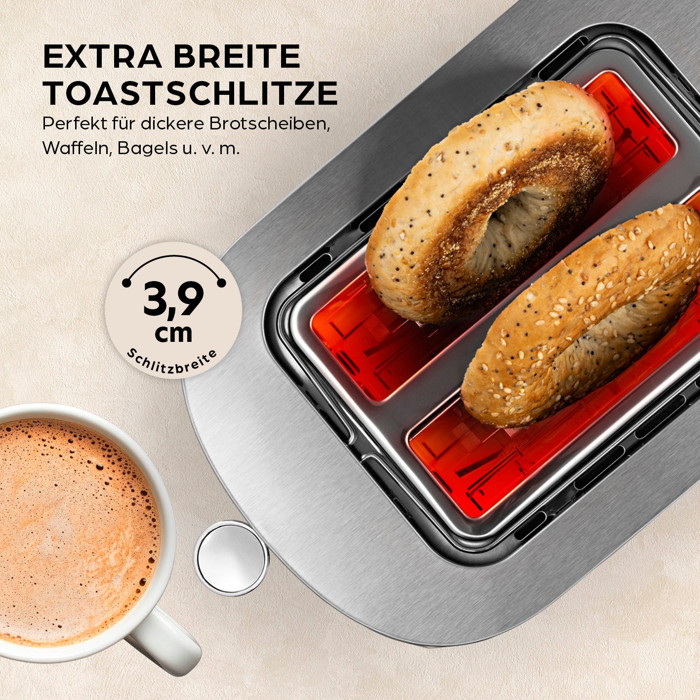 Toaster - Schwarz mit extra breiten Toastschlitzen für Bagels und dicke Brotscheiben, modernes Design und einfache Bedienung.