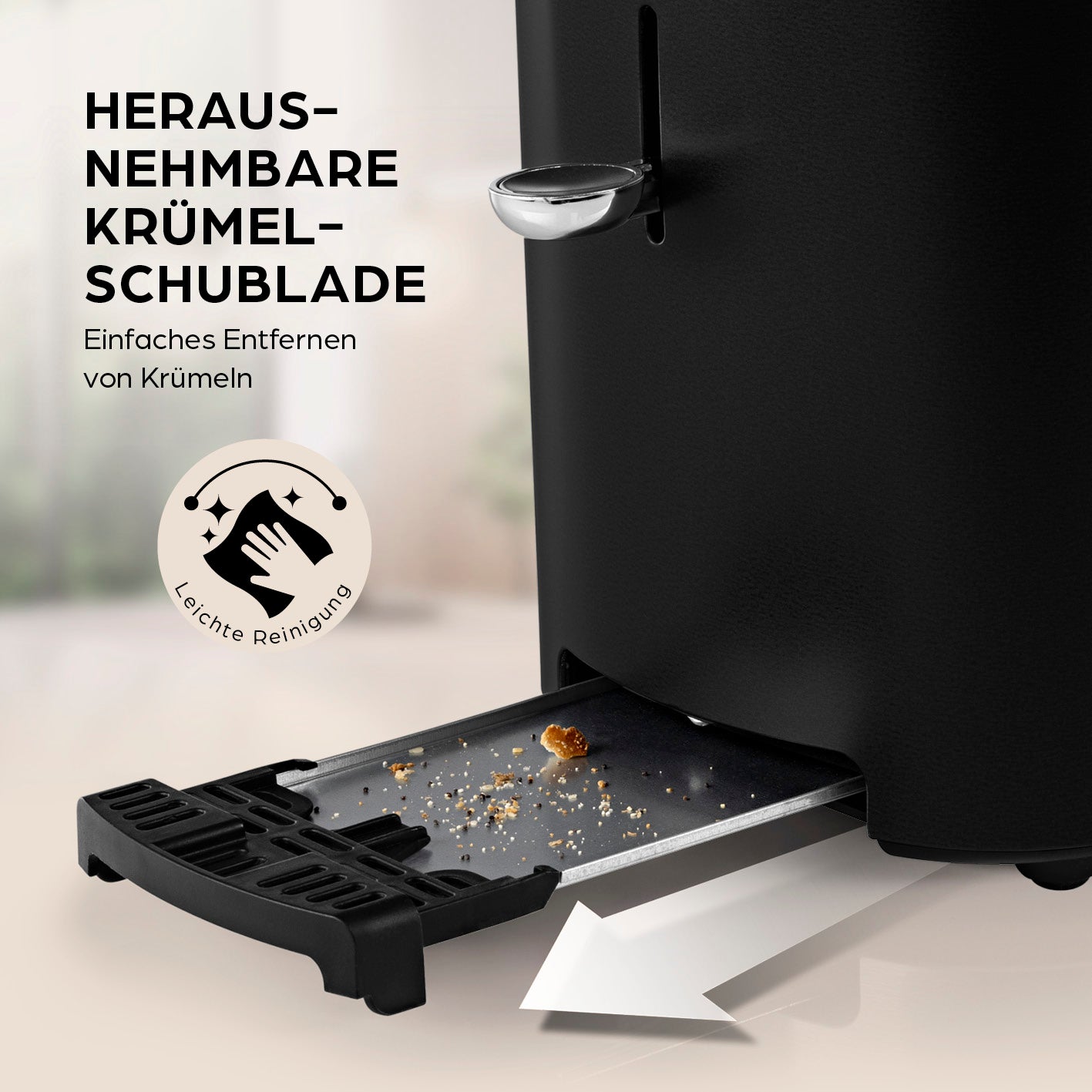 Toaster - Schwarz mit herausnehmbarer Krümelschublade für leichte Reinigung von Toastkrümeln.