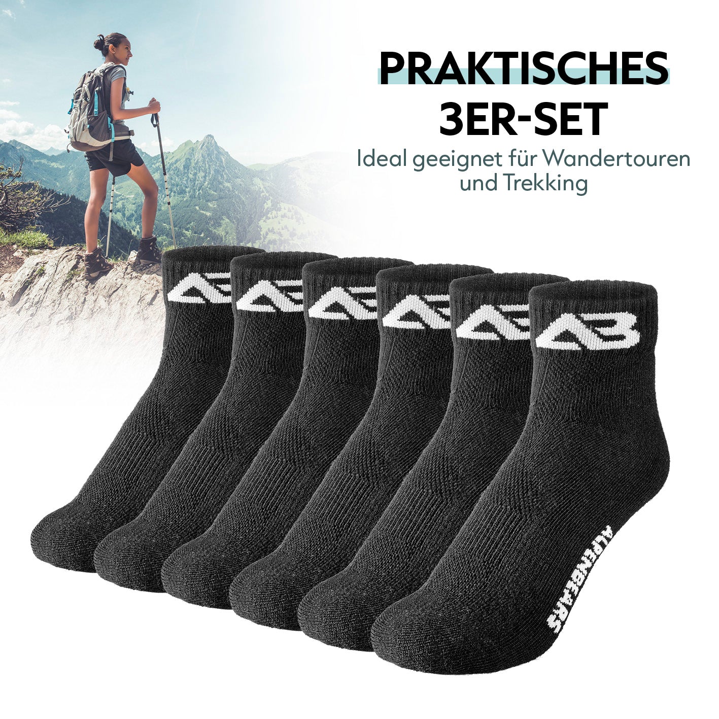 Wandersocken 3er-Set - Schwarz - L in Galerieposition 4, quadratisch, zeigt robuste und warme Funktionssocken für Outdoor-Aktivitäten.
