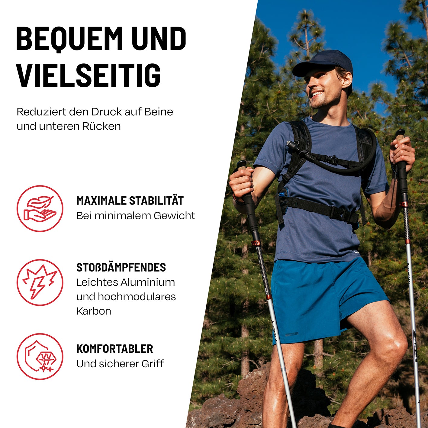 Teleskop Wanderstöcke - faltbar - CarbonMix - 63 cm /135 cm, leicht, verstellbar, stabil und ergonomisch für vielseitige Geländearten.