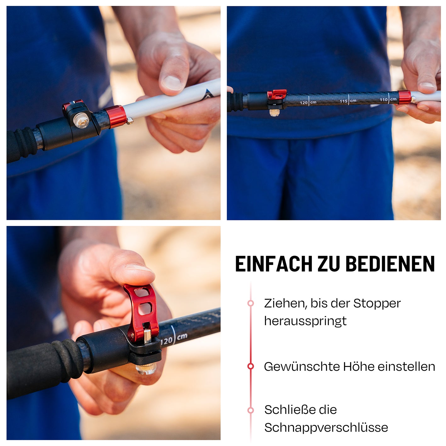 Teleskop Wanderstöcke - faltbar - CarbonMix - 63 cm /135 cm mit Flip-Lock Schnellverschluss zur stufenlosen Höhenverstellung.