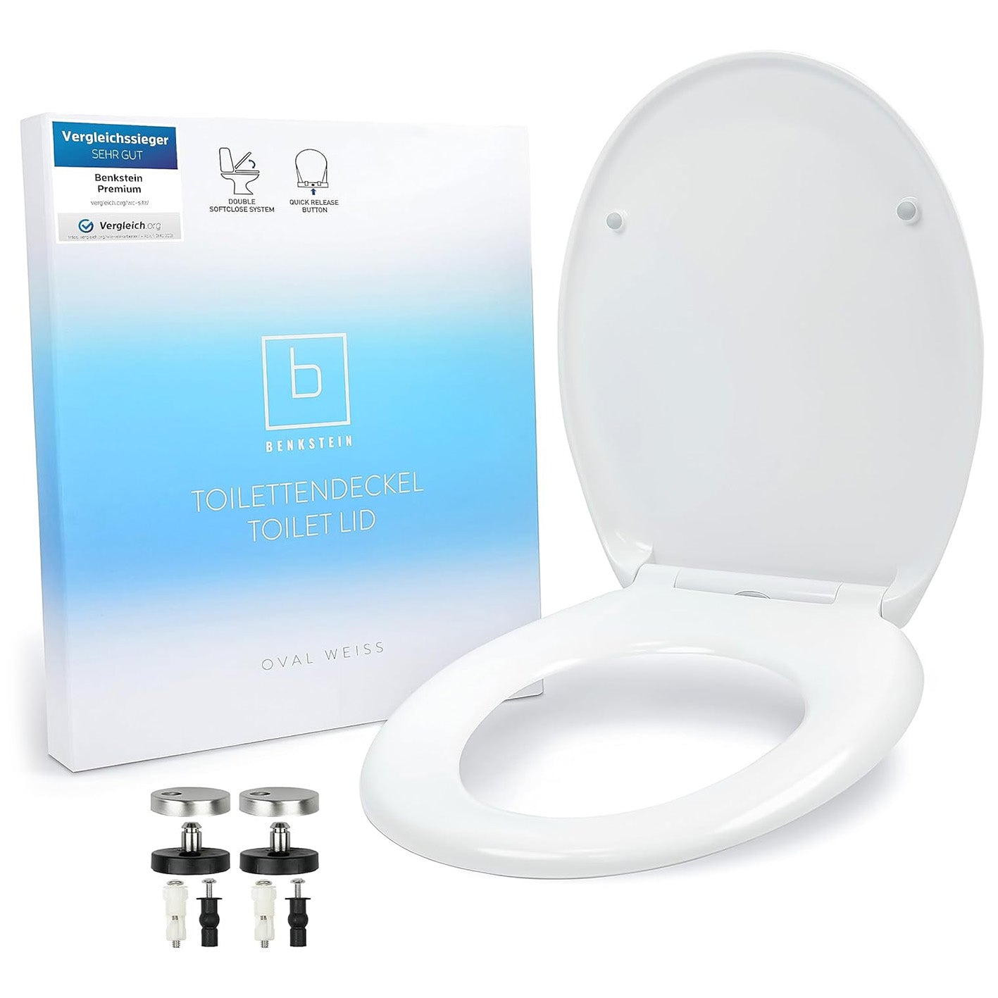 Premium Toilettendeckel antibakteriell oval - Weiß mit Quick-Release, geräuschloser Absenkautomatik und Edelstahlscharniere