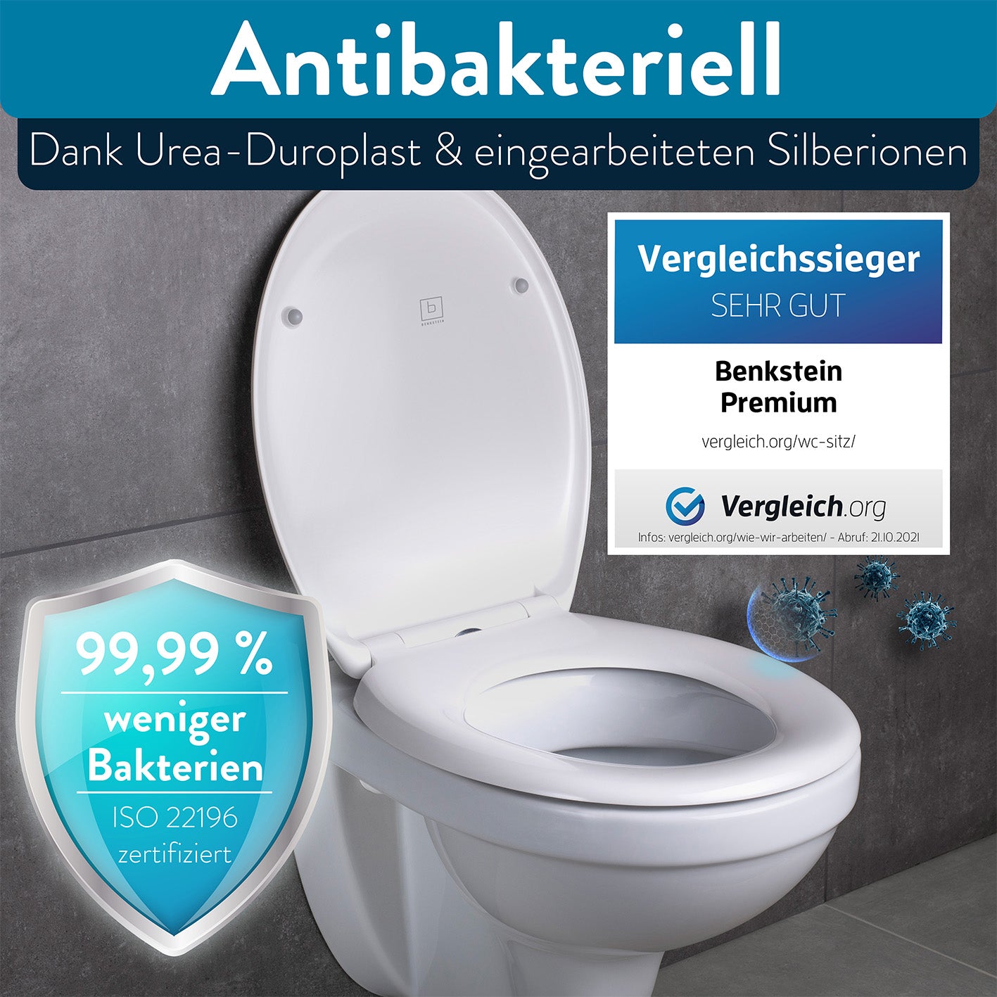 Premium Toilettendeckel antibakteriell oval - Weiß mit Urea-Duroplast, antibakteriell, farbecht und leicht zu reinigen.