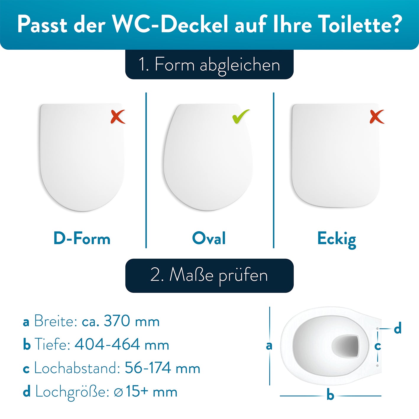 Passende Form der Premium Toilettendeckel antibakteriell oval - Weiß für ovale Toiletten mit Maßen und Lochabstand prüfen.