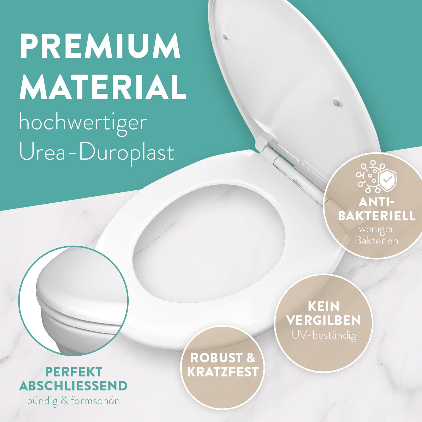 Premium Toilettendeckel antibakteriell oval - Weiß aus robustem Urea-Duroplast, UV-beständig, kratzfest und perfekt abschließend für hygienischen Komfort.