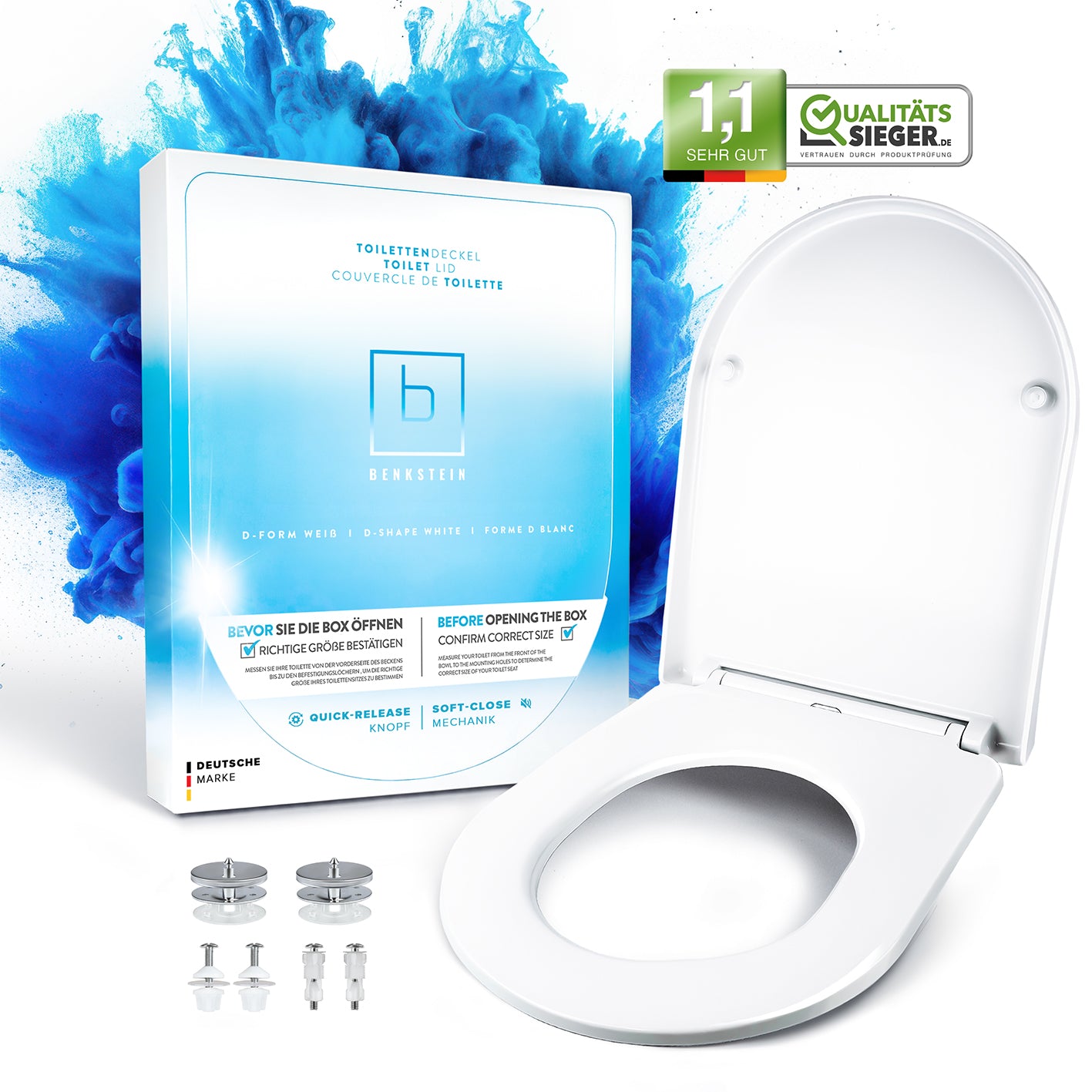 Premium Toilettendeckel - D-Form - Weiß antibakteriell, farbecht, mit Quick-Release und leiser Absenkautomatik, einfache Montage