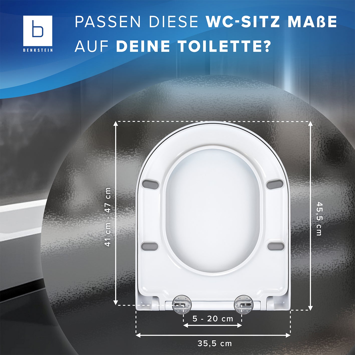 Premium Toilettendeckel - D-Form - Weiß, quadratisch, Galerieposition 2, Maße und Passform für WC-Sitz dargestellt, 1417x1417 px.