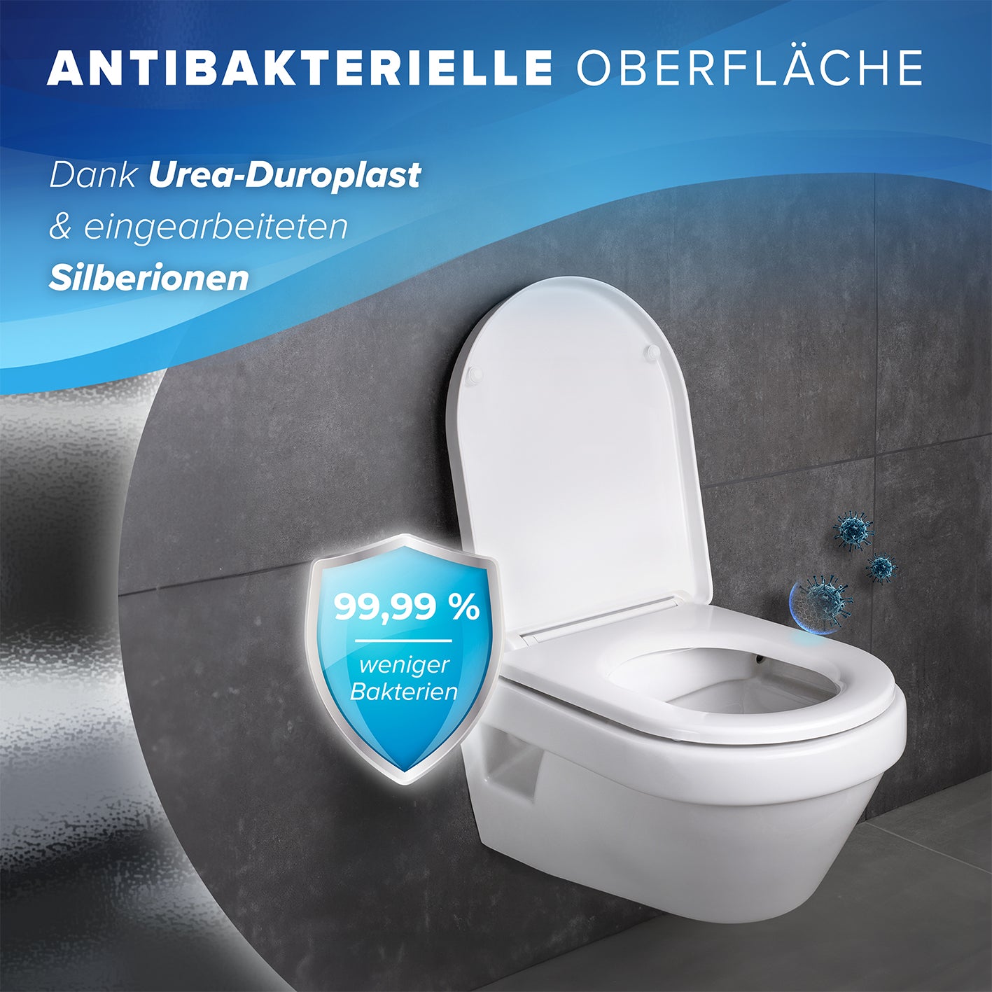 Premium Toilettendeckel - D-Form - Weiß mit antibakterieller Urea-Duroplast-Oberfläche und Silberionen für hygienische Sauberkeit.