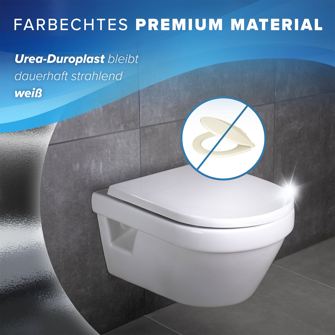 Premium Toilettendeckel - D-Form - Weiß aus farbechtem Urea-Duroplast bleibt dauerhaft strahlend weiß und hygienisch im Bad.