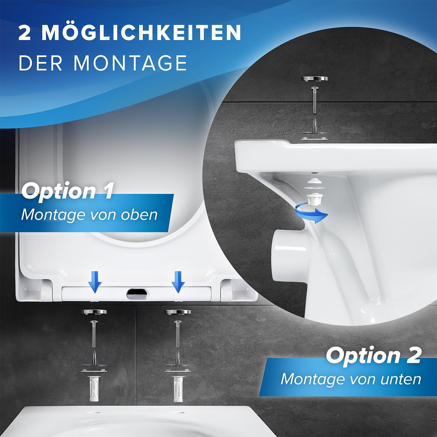 Premium Toilettendeckel - D-Form - Weiß mit zwei Montageoptionen, von oben oder unten, für einfache und flexible Befestigung.