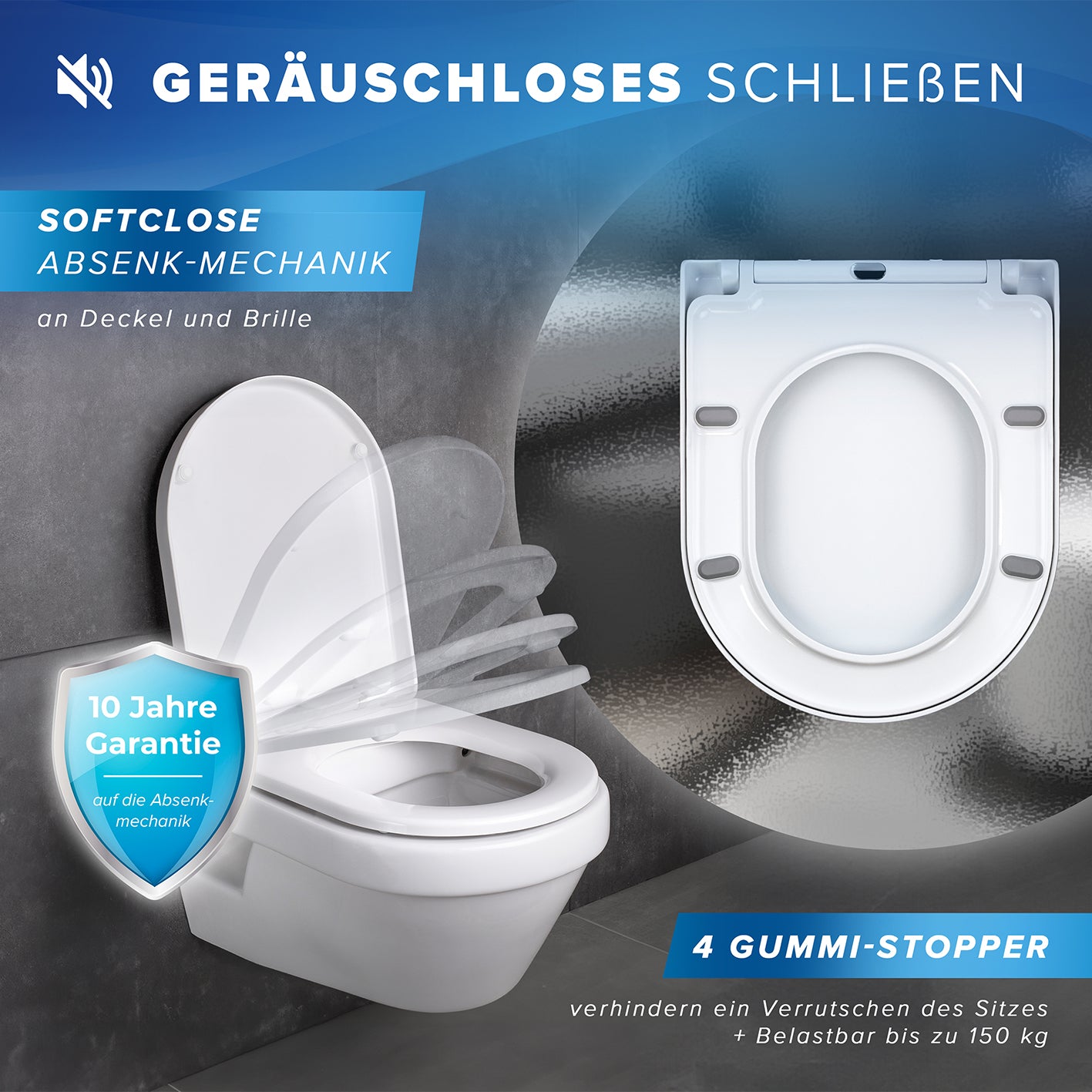 Premium Toilettendeckel - D-Form - Weiß mit geräuschloser Absenkautomatik und 4 Gummi-Stoppern für sicheren Halt und Komfort