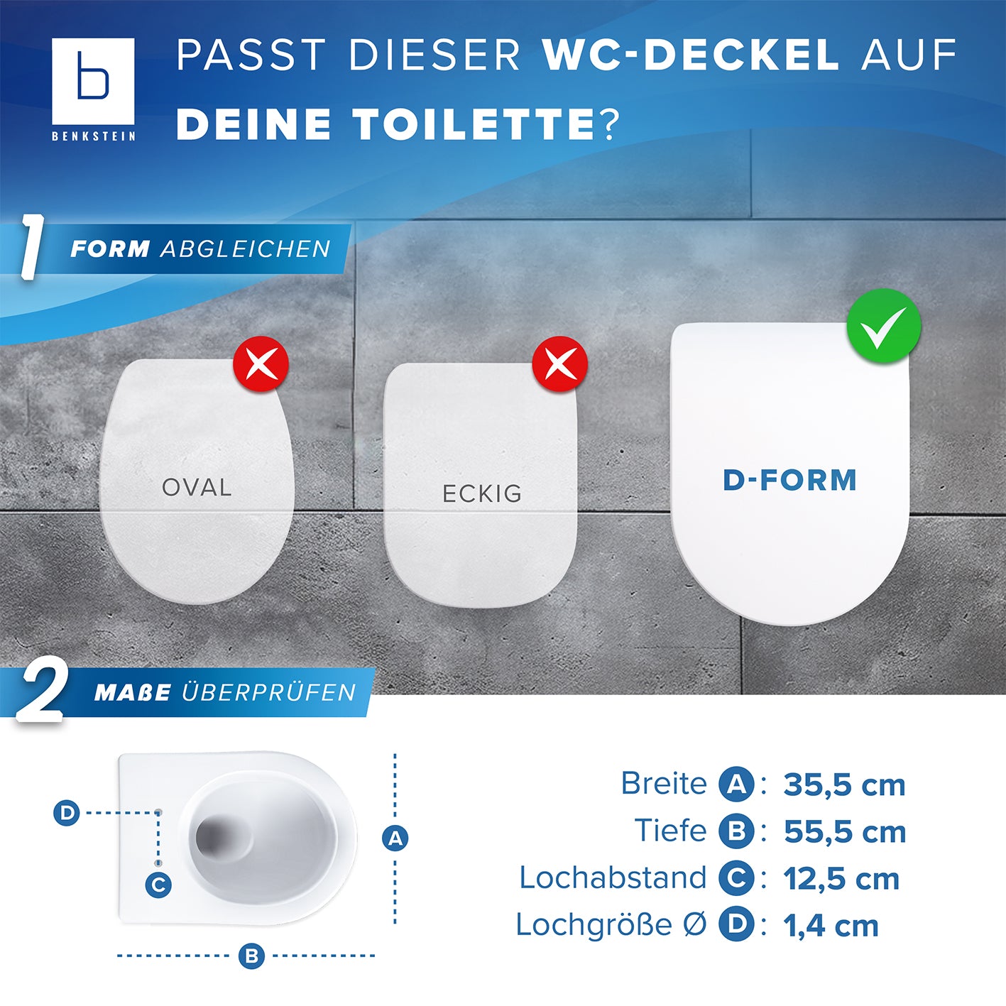 Passgenaue Grafik zur Form und Maßen des Premium Toilettendeckel - D-Form - Weiß für einfache Auswahl und Montage