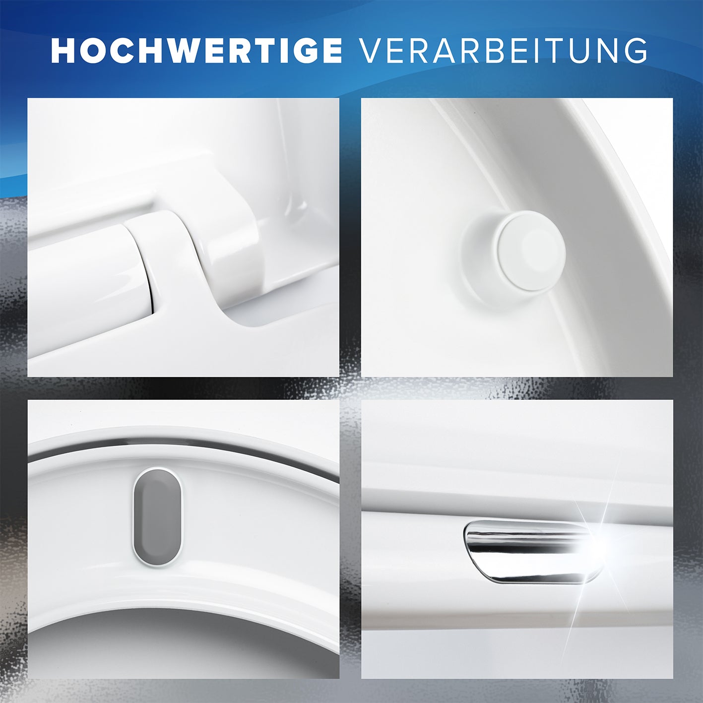 Premium Toilettendeckel - D-Form - Weiß mit antibakteriellem Material, Quick-Release, geräuschloser Absenkautomatik und Edelstahlscharniere.