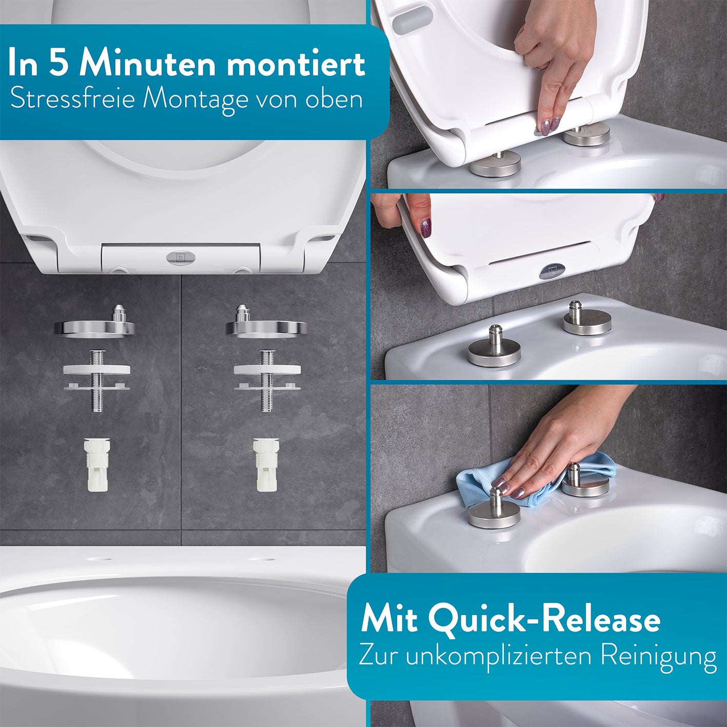 Kinder-Toilettendeckel - Weiß mit Quick-Release-Funktion und schneller Montage von oben, antibakteriell und dauerhaft farbecht.