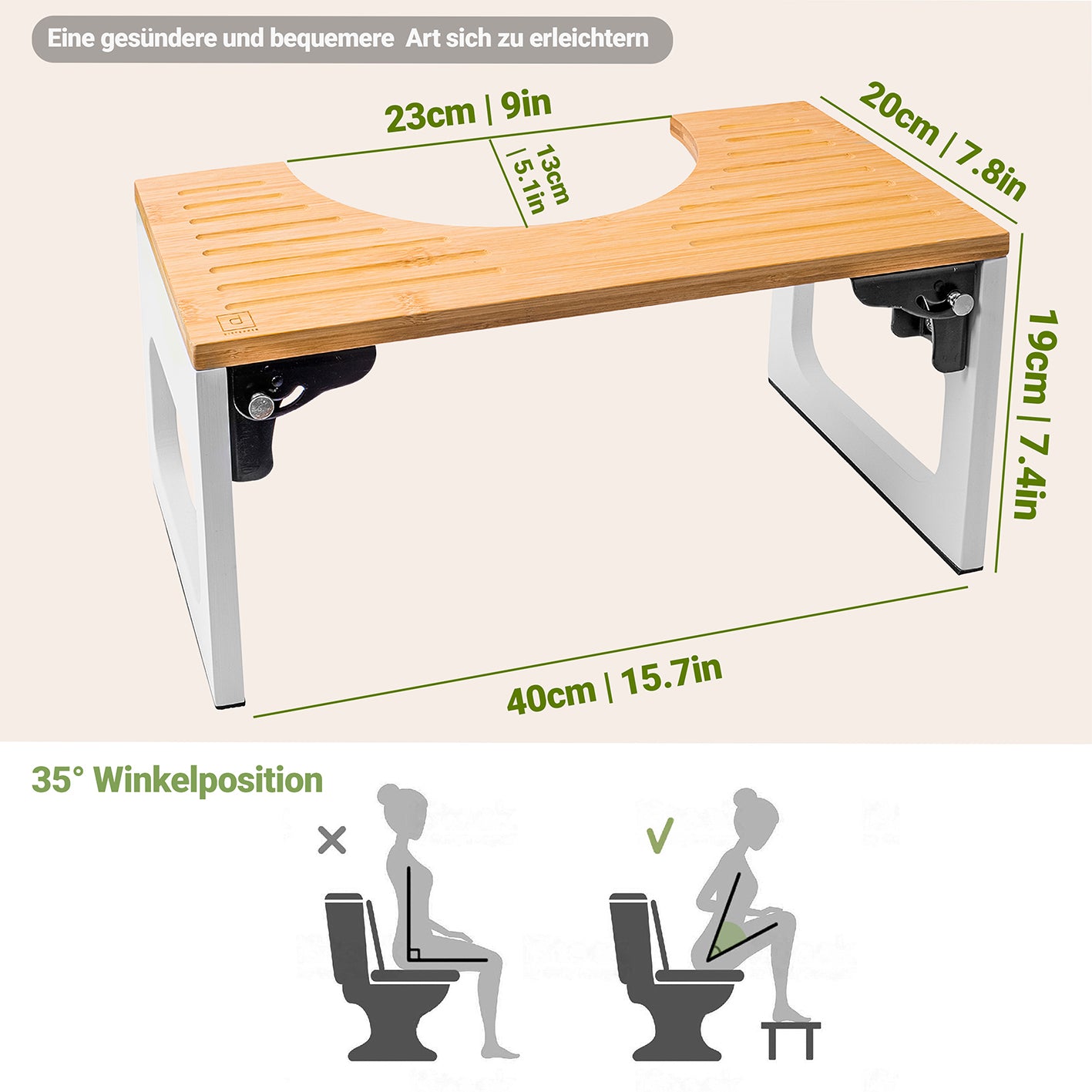 Bambus-Toilettenhocker mit rutschfester Oberfläche, klappbar, platzsparend, ergonomisch für gesunde Darmpositionierung.