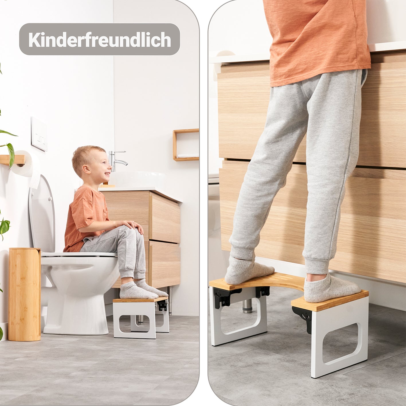 Bambus-Toilettenhocker mit rutschfester Oberfläche, klappbar und kinderfreundlich für eine gesunde Toilettenhaltung im Bad.