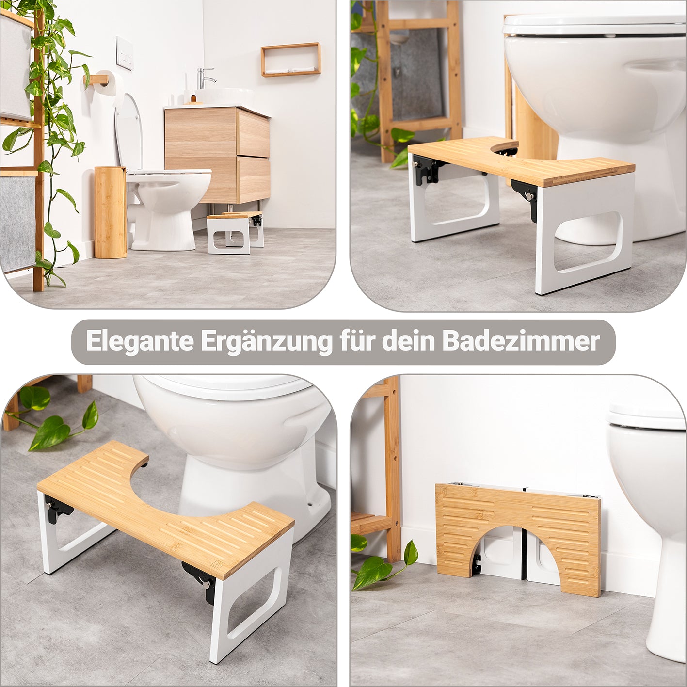 Bambus-Toilettenhocker klappbar mit rutschfester Unterseite, ergonomisch für gesunde Darmhaltung und platzsparend im Bad.